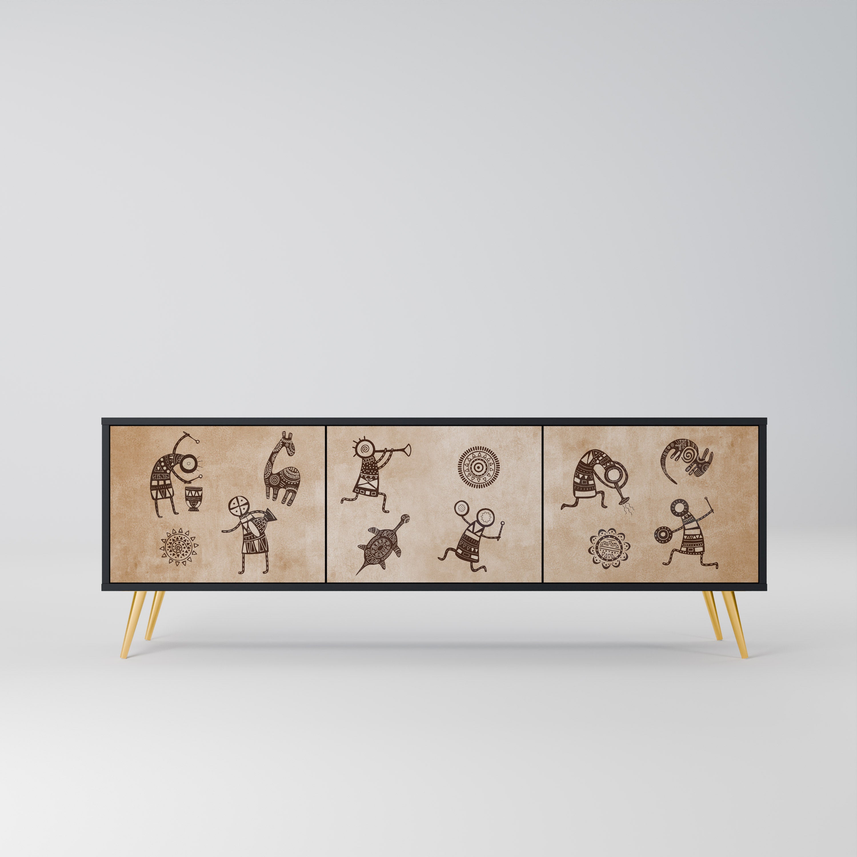 Mueble de TV de 3 puertas estilo africano con acabado negro