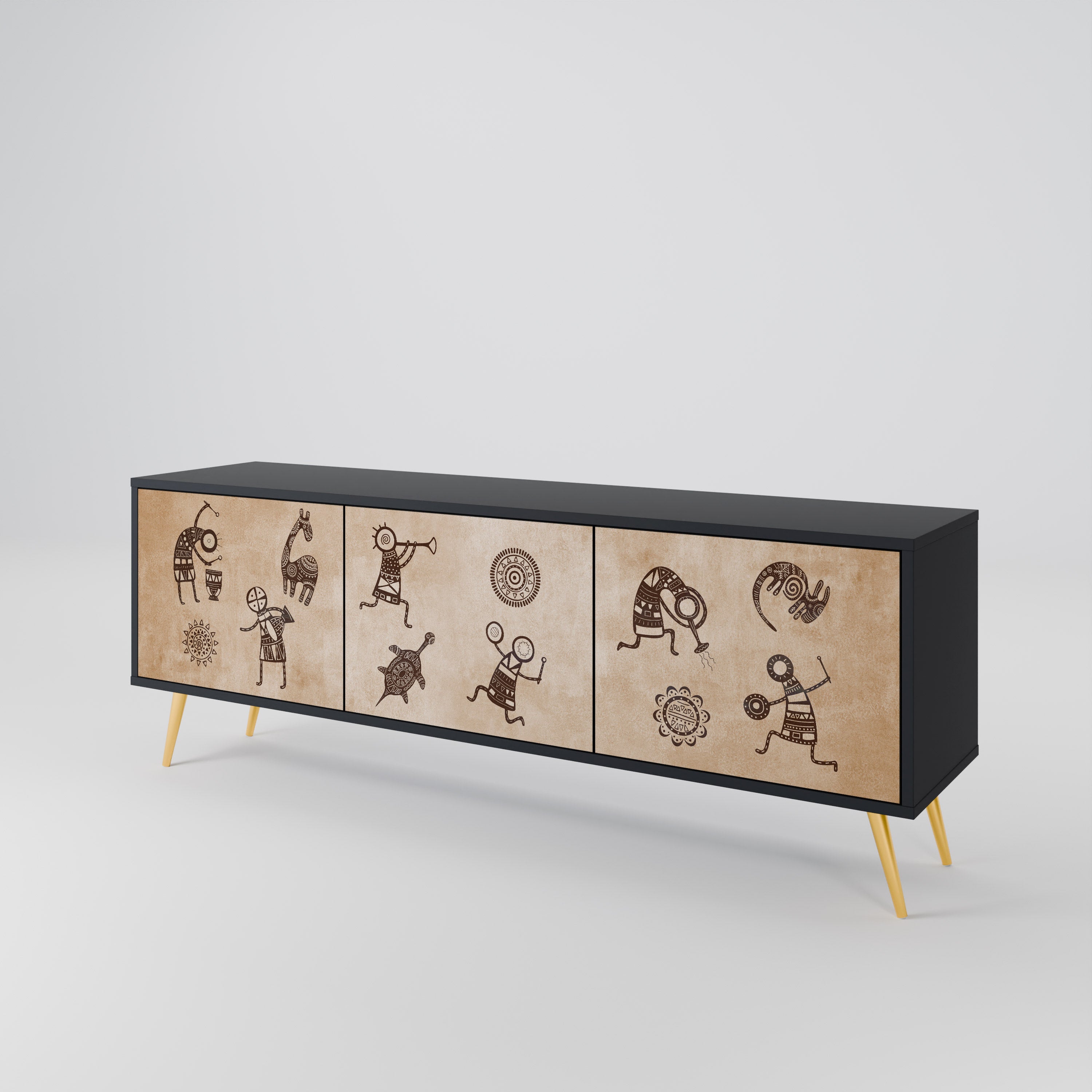 Mueble de TV de 3 puertas estilo africano con acabado negro