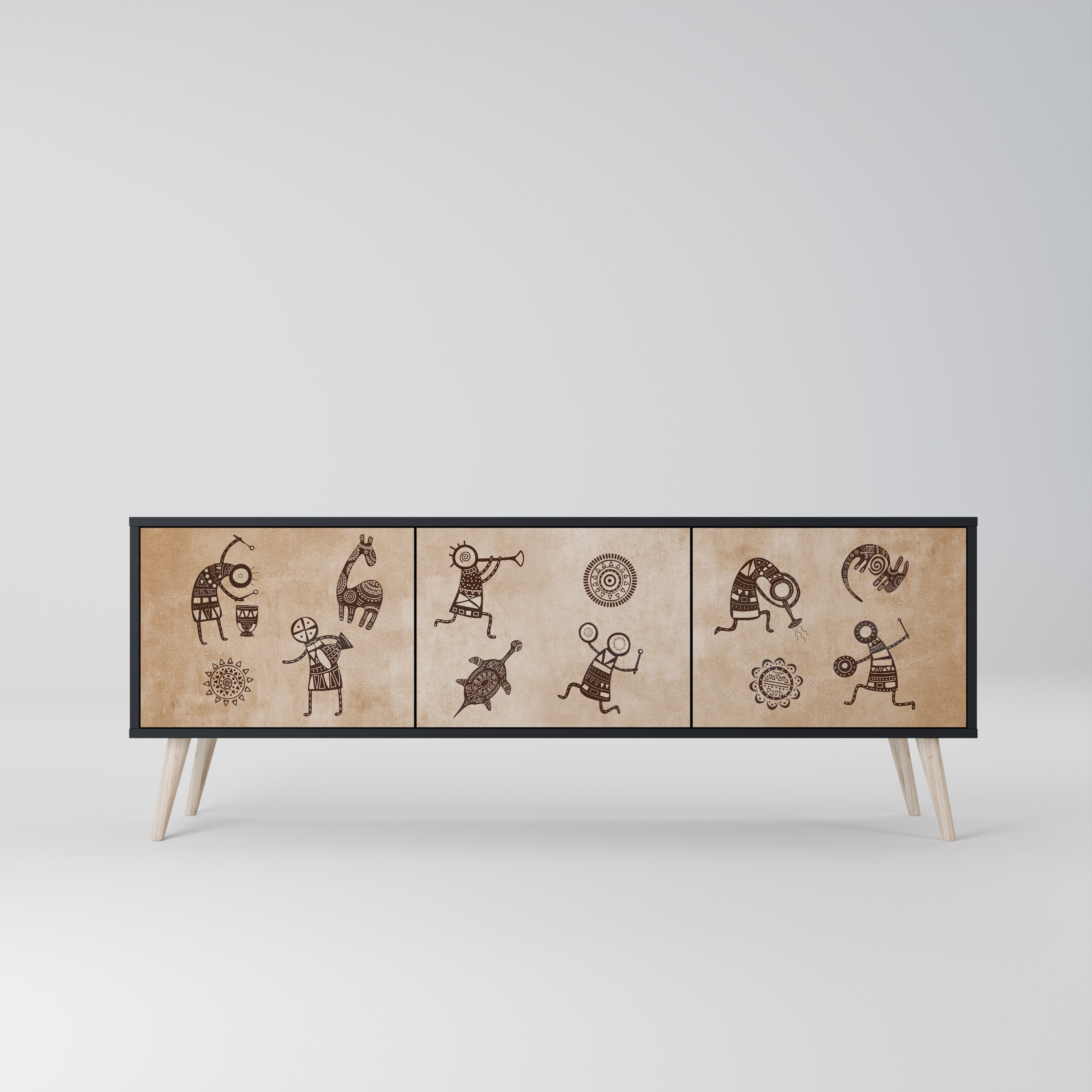Mueble de TV de 3 puertas estilo africano con acabado negro