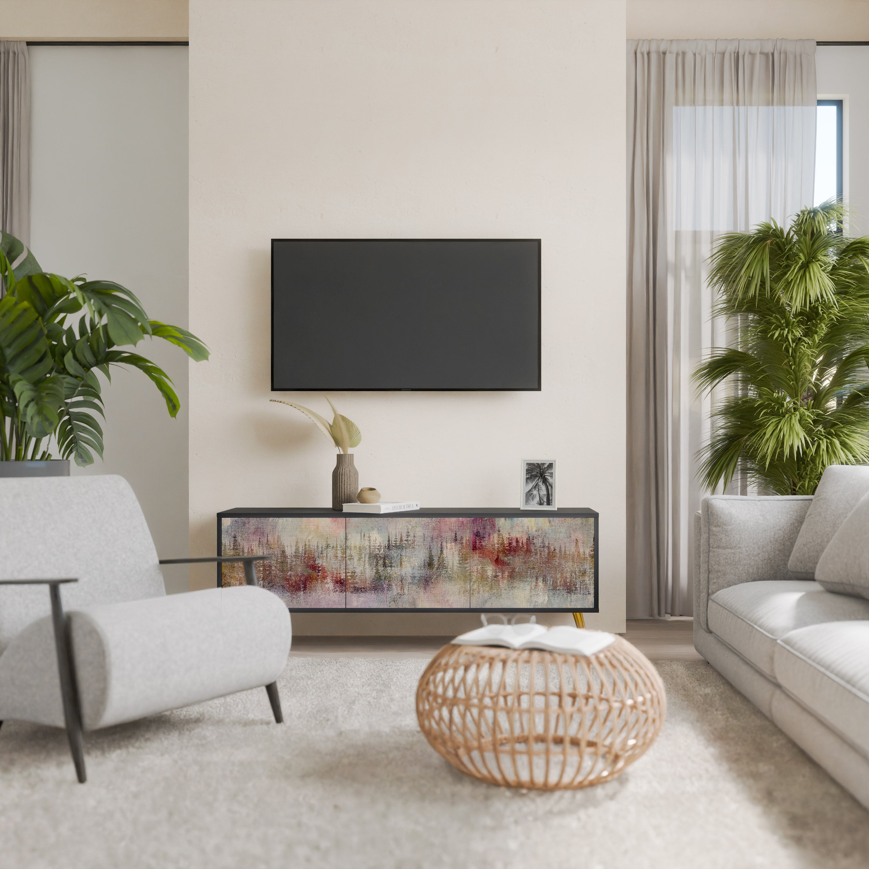Mueble de TV de 3 puertas VEILED SUMMIT con acabado negro