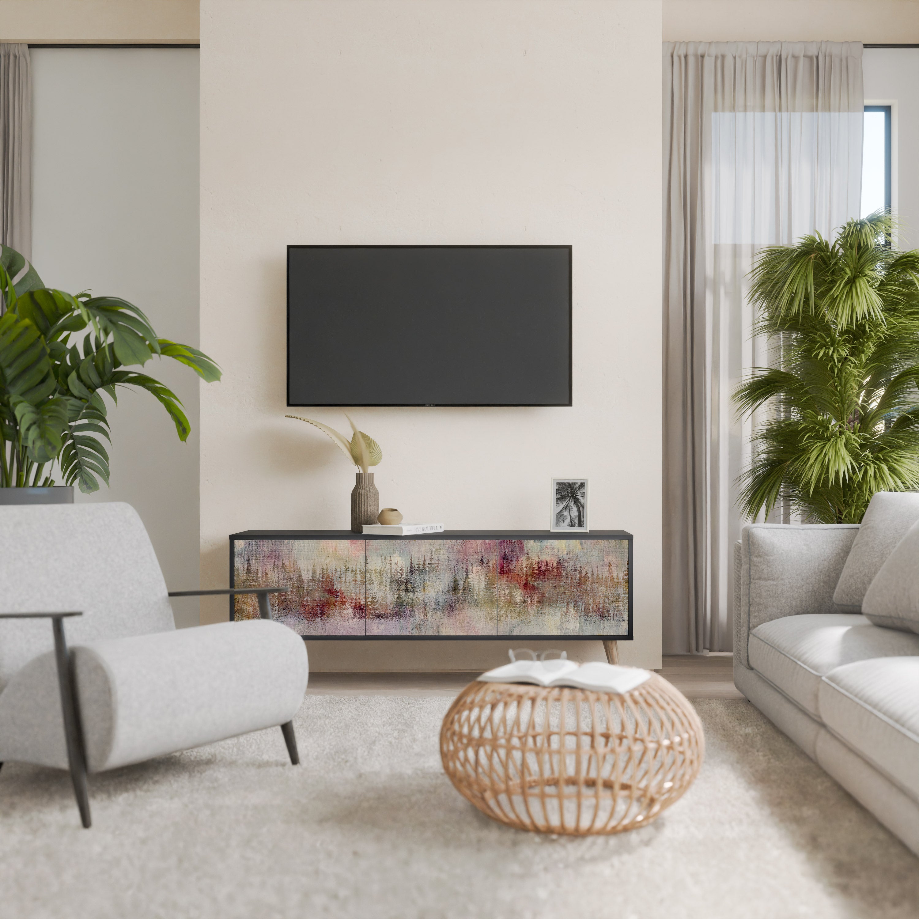 Mueble de TV de 3 puertas VEILED SUMMIT con acabado negro