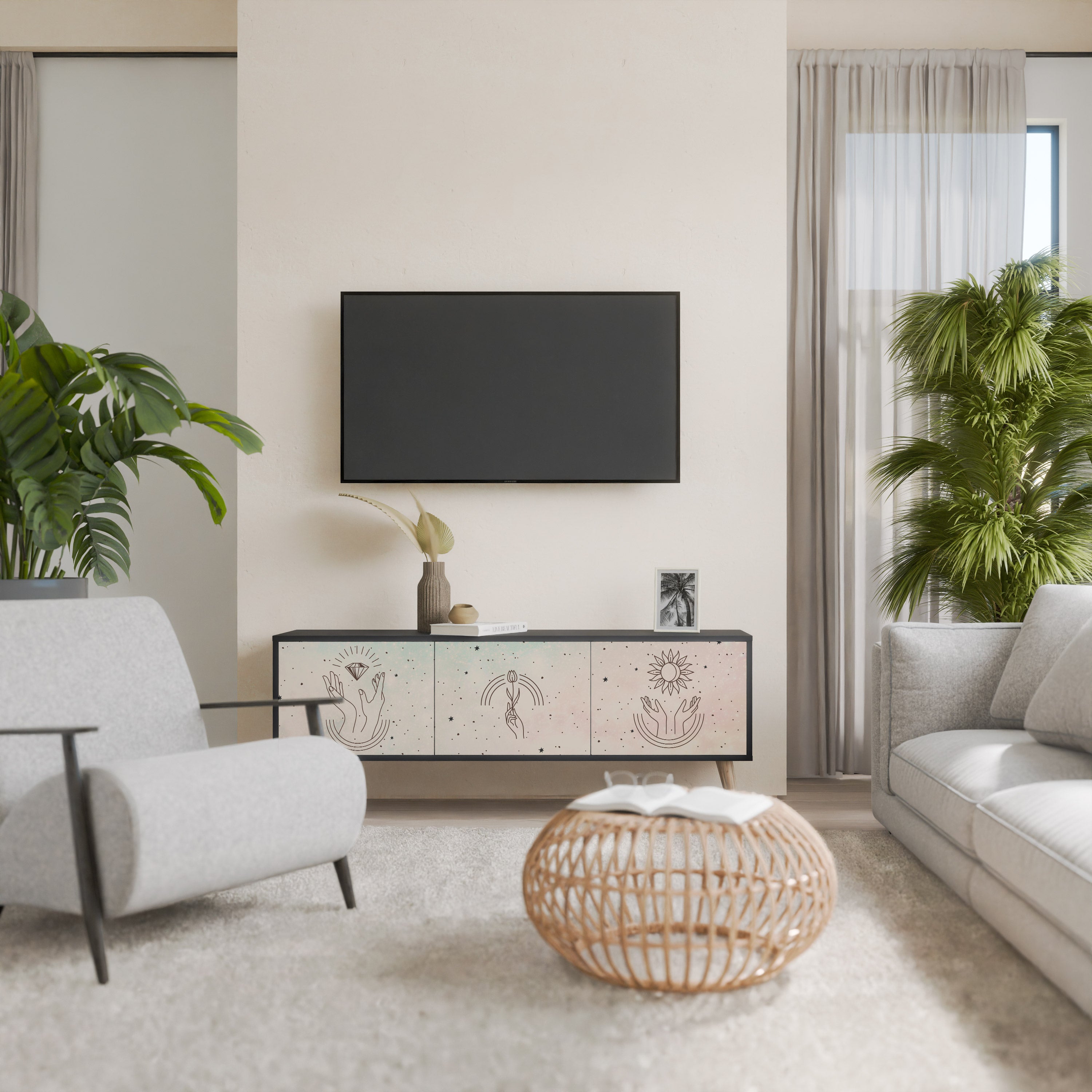 Mueble de TV de 3 puertas DELICATE BEAUTY con acabado negro