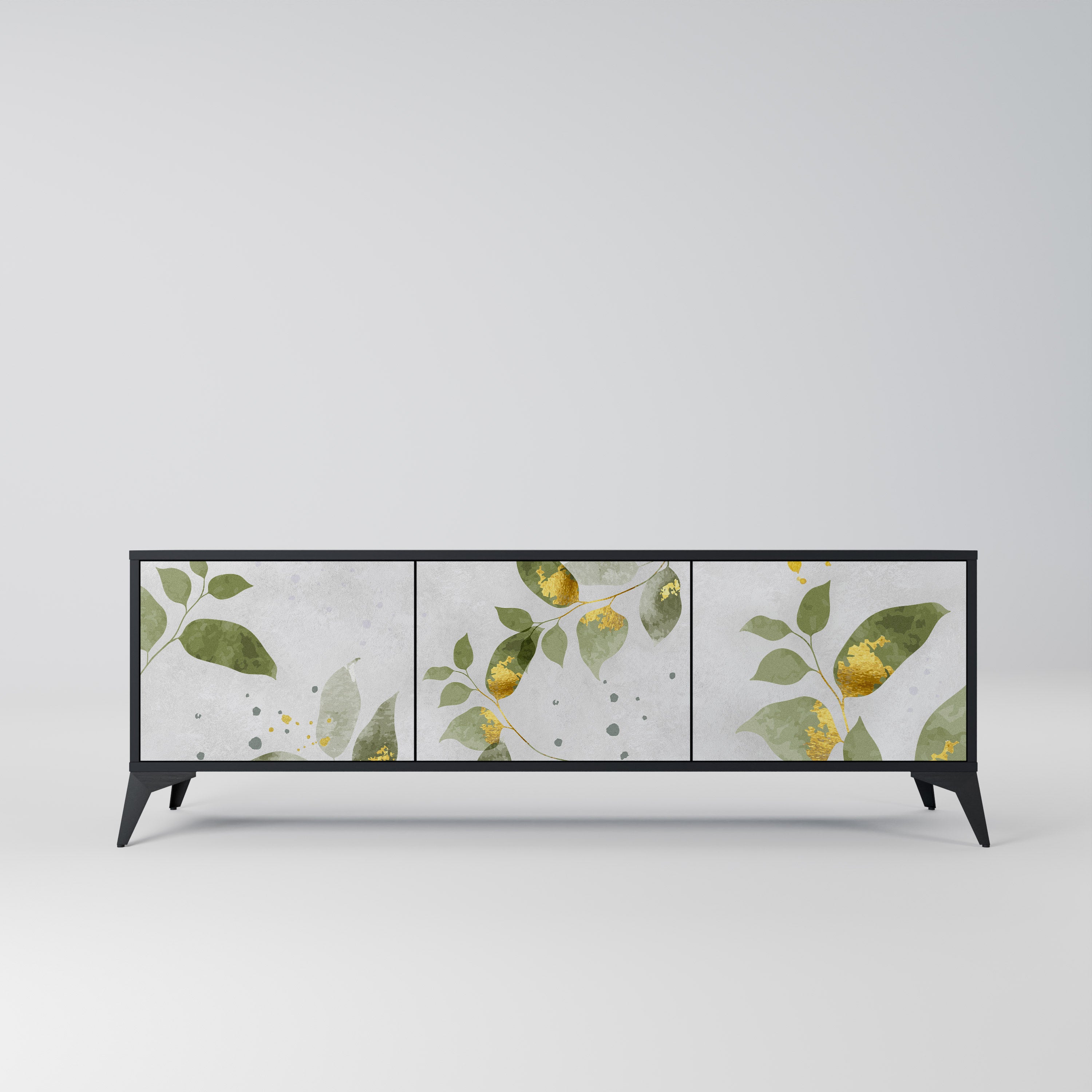 Elegante mueble de TV de 3 puertas BOTANICS con acabado negro