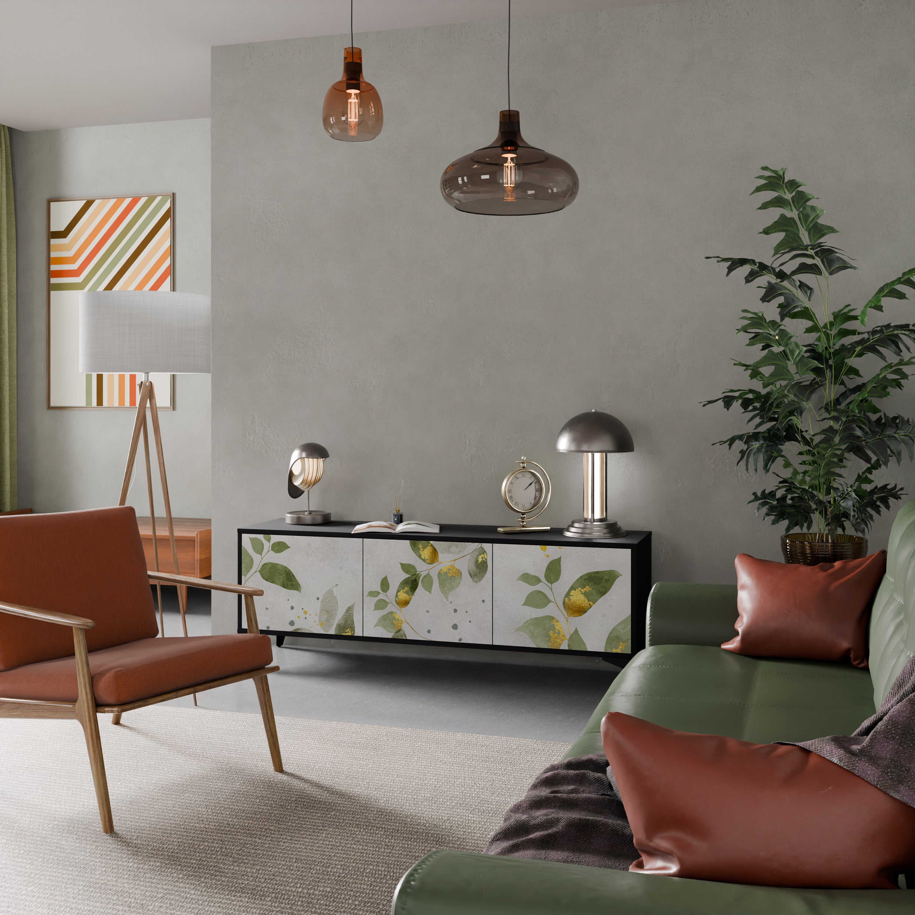 Elegante mueble de TV de 3 puertas BOTANICS con acabado negro