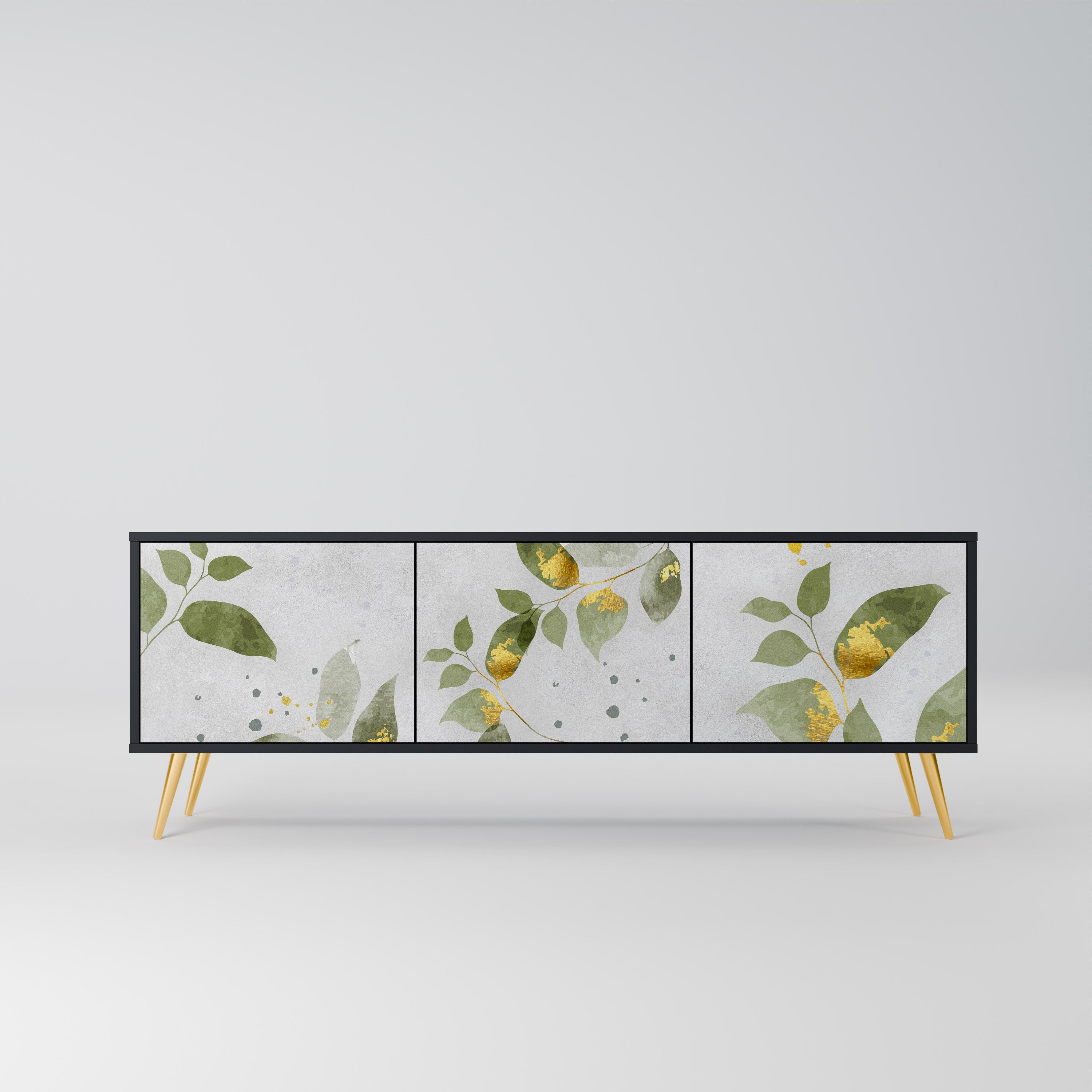 Elegante mueble de TV de 3 puertas BOTANICS con acabado negro