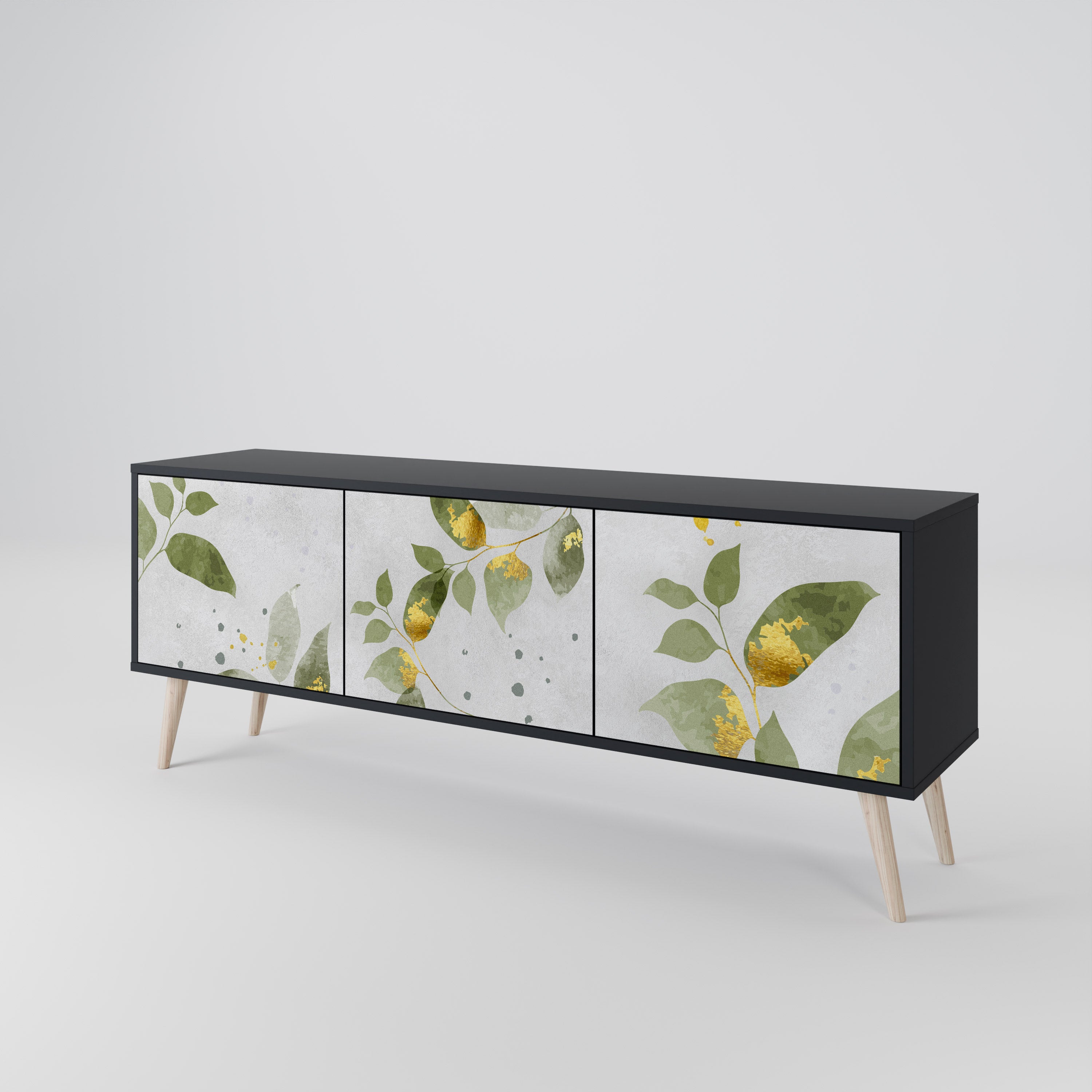 Elegante mueble de TV de 3 puertas BOTANICS con acabado negro
