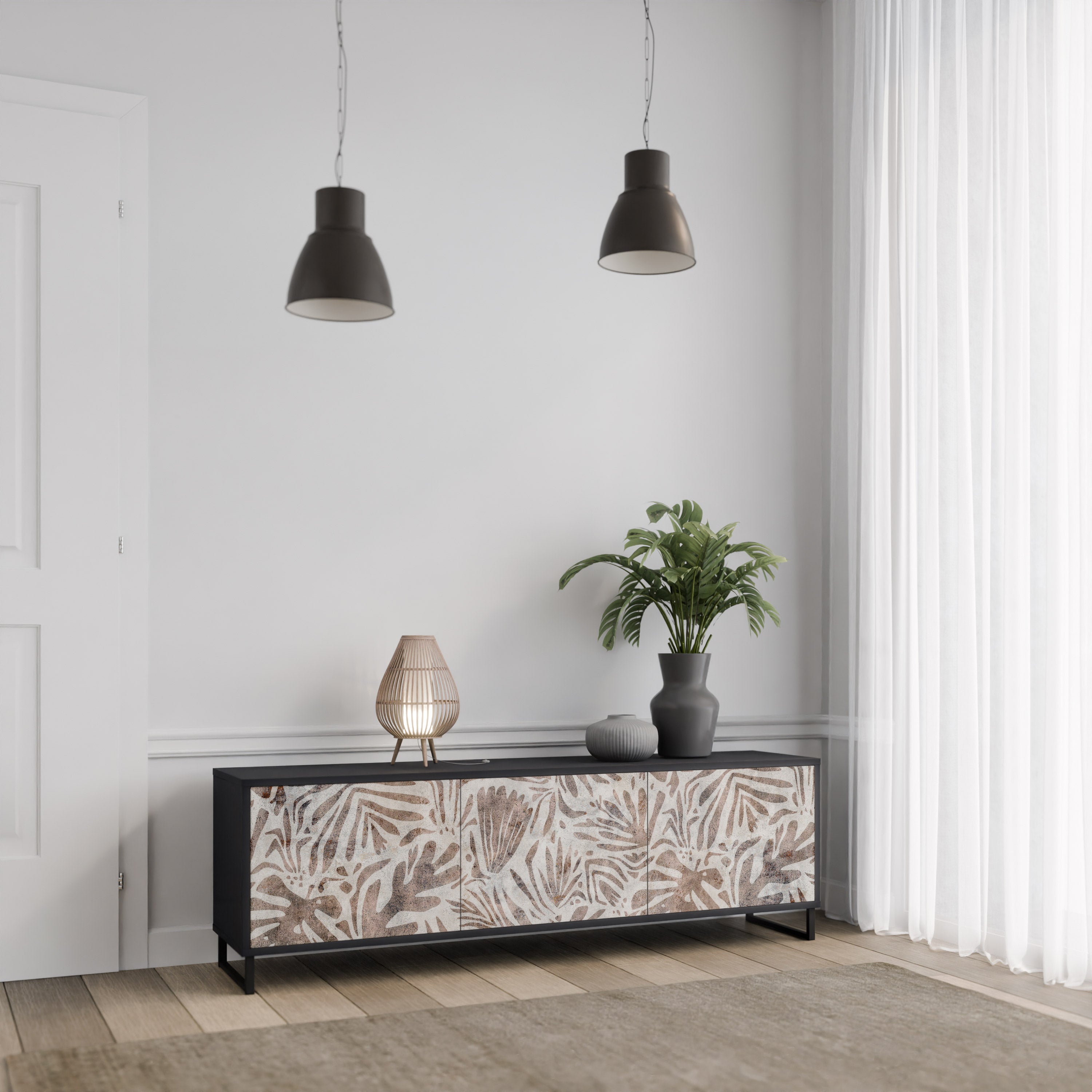 PASSING TIME Mueble de TV de 3 puertas con acabado negro