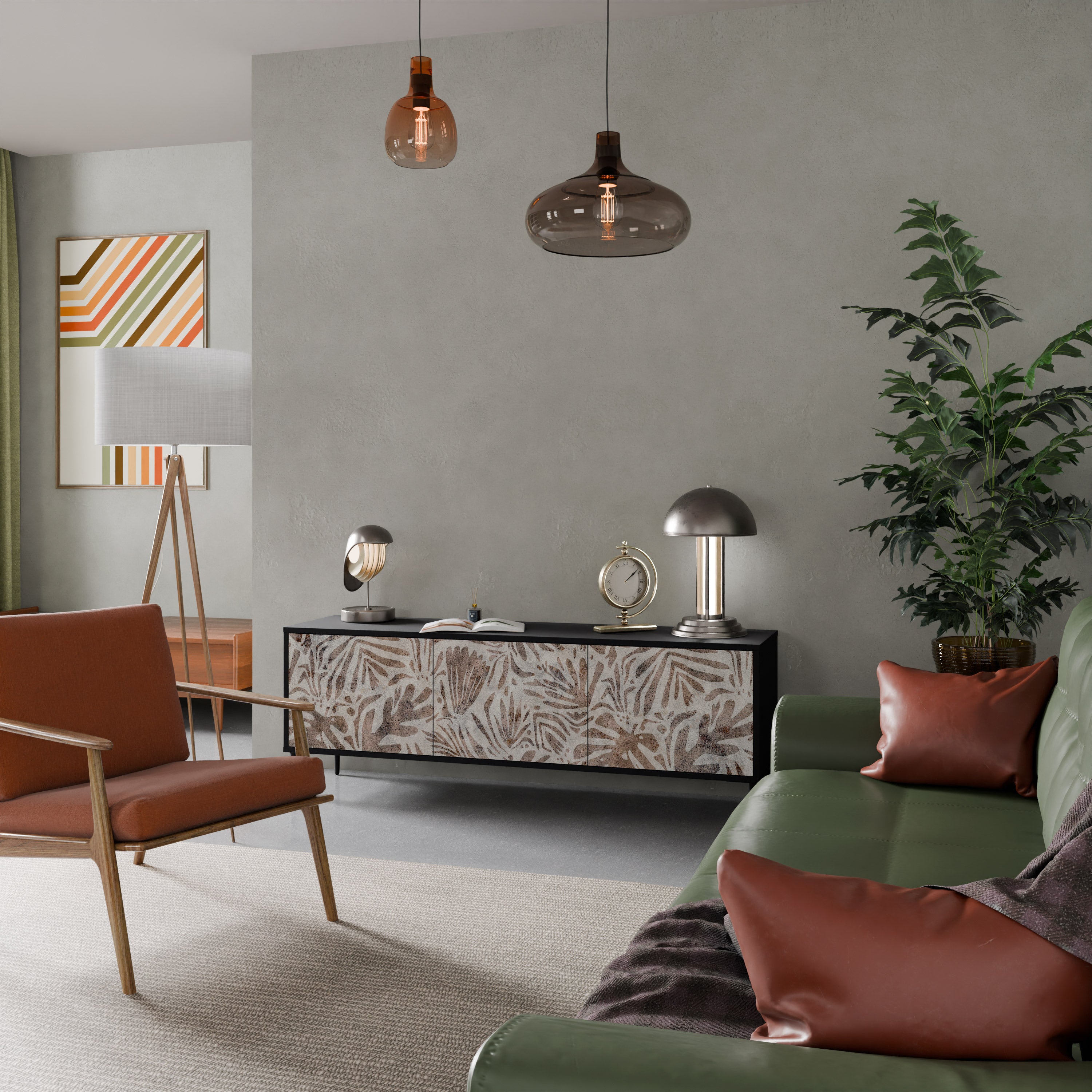 PASSING TIME Mueble de TV de 3 puertas con acabado negro