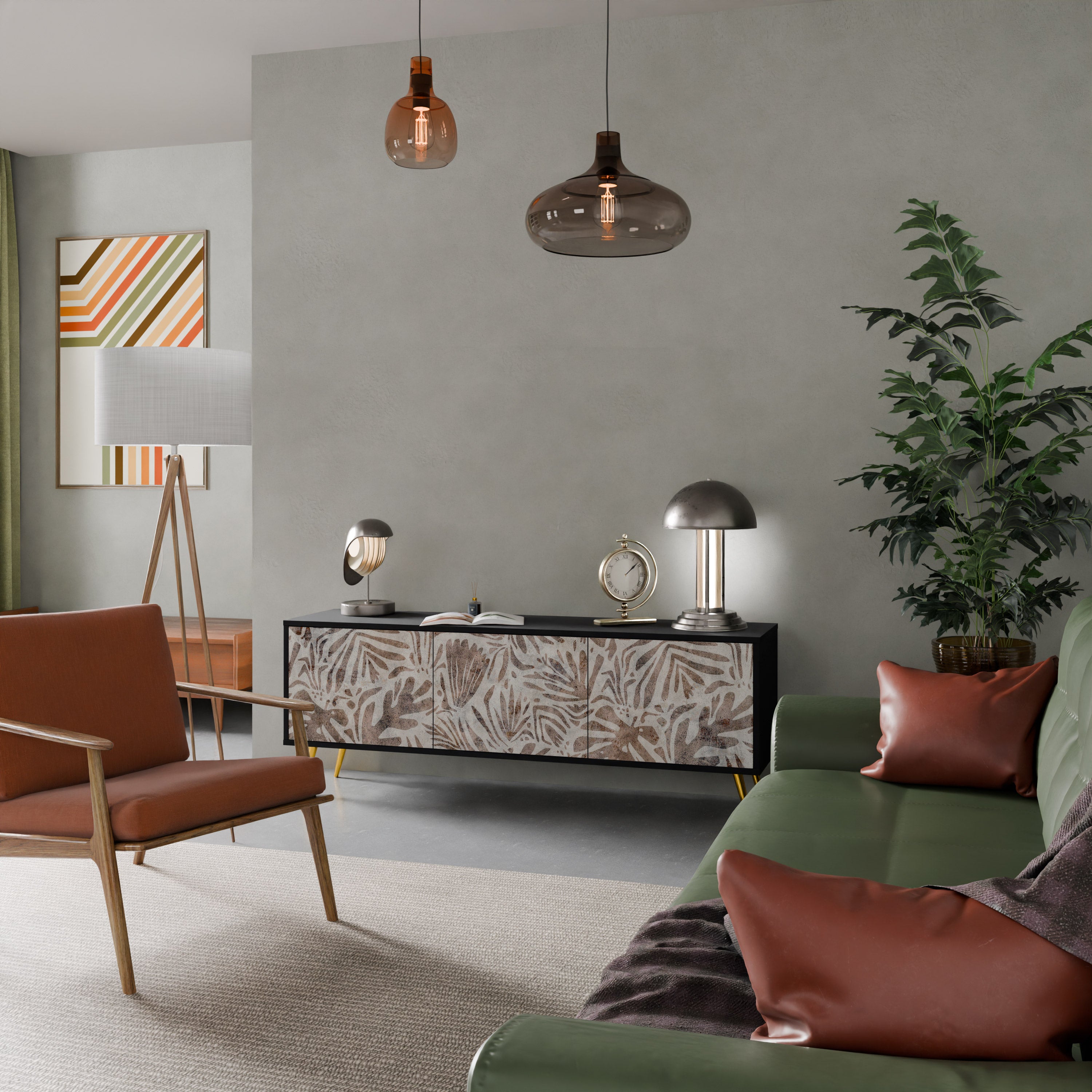 PASSING TIME Mueble de TV de 3 puertas con acabado negro