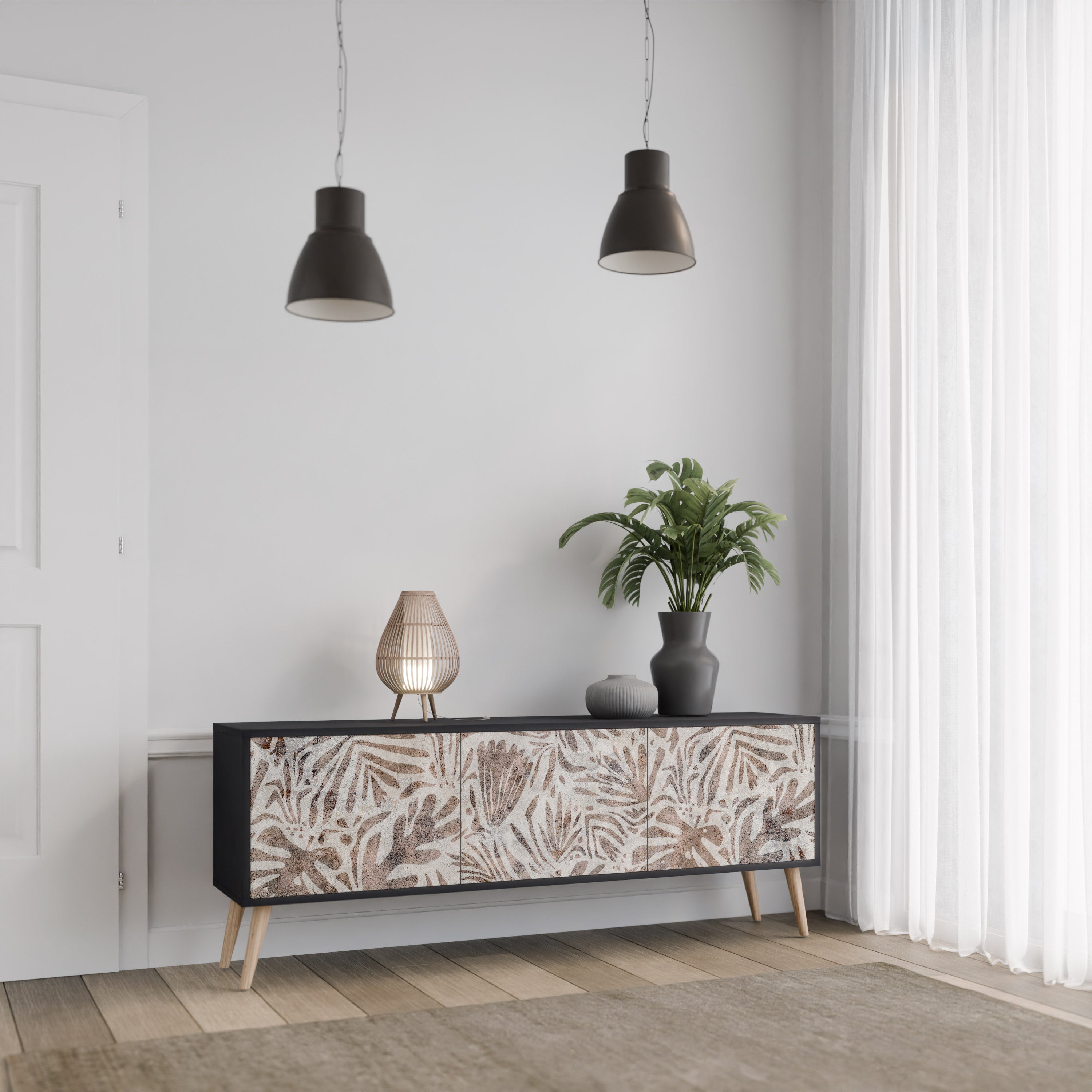 PASSING TIME Mueble de TV de 3 puertas con acabado negro