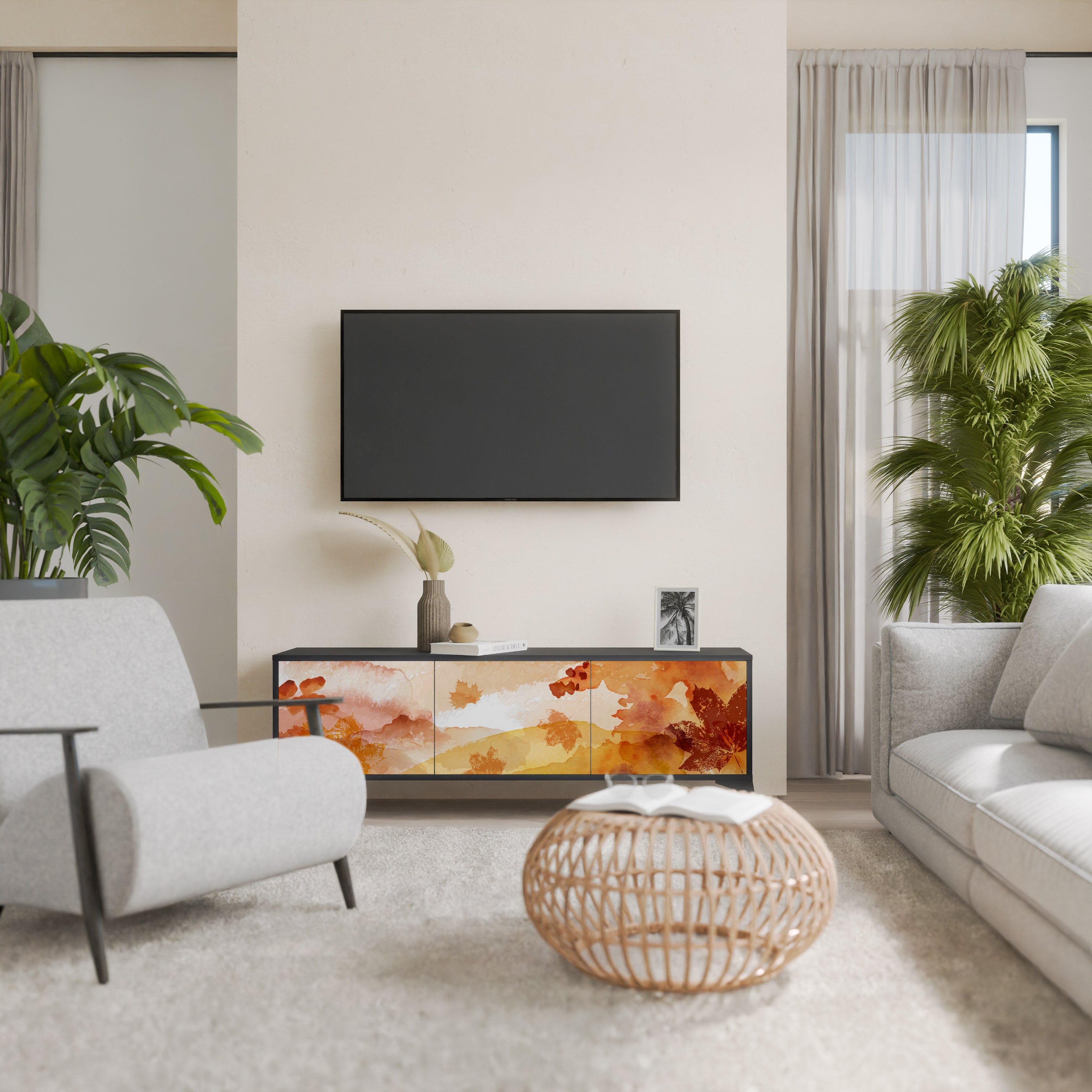 Mueble de TV de 3 puertas TRACES OF AUTUMN en acabado negro