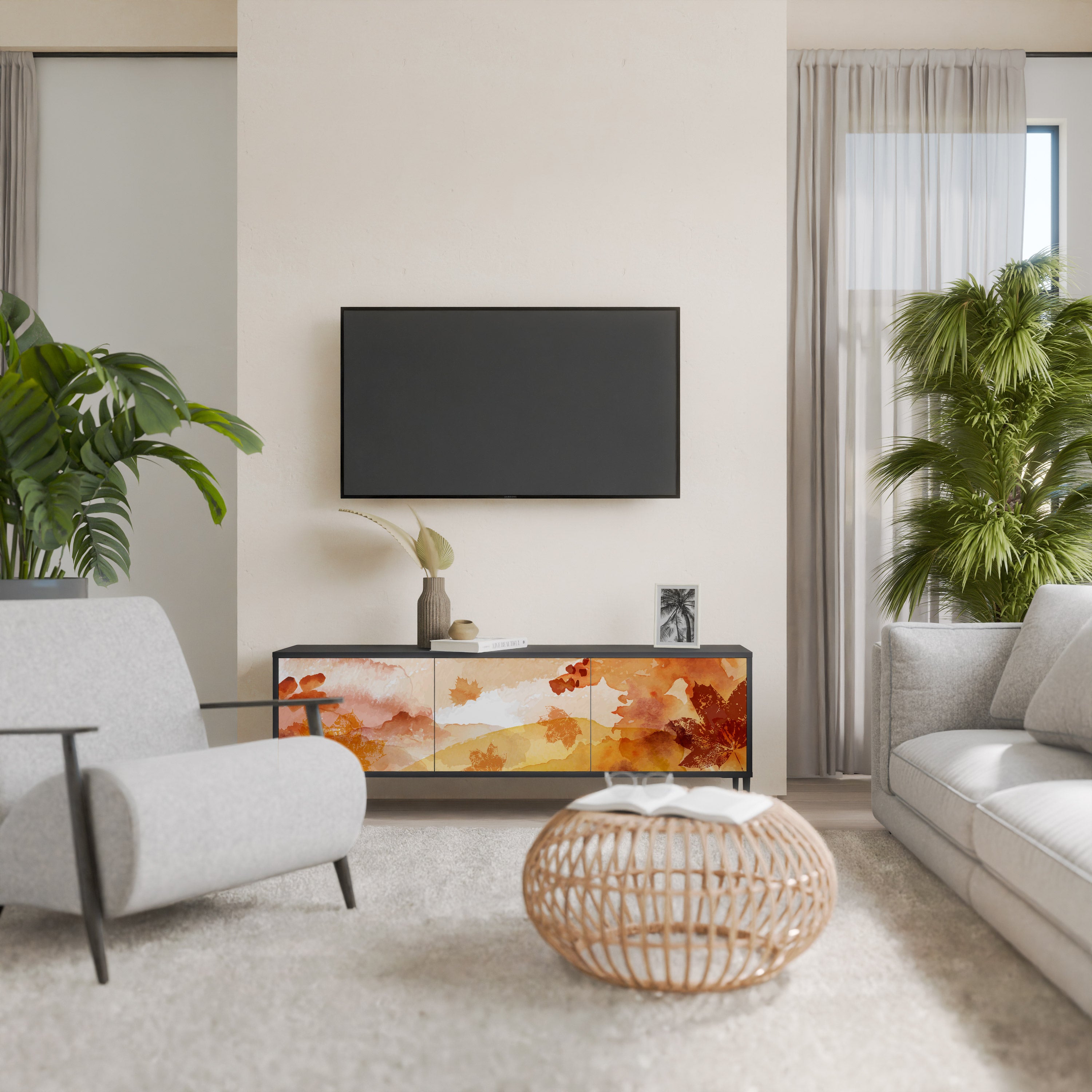 Mueble de TV de 3 puertas TRACES OF AUTUMN en acabado negro