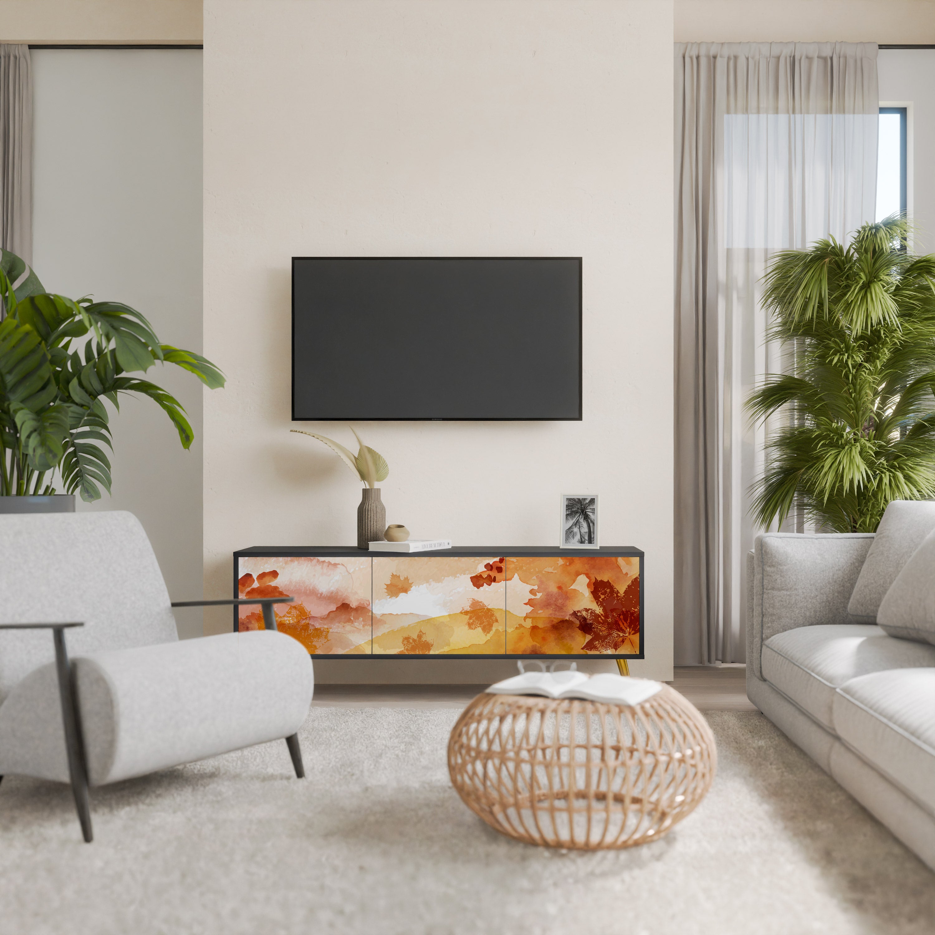 Mueble de TV de 3 puertas TRACES OF AUTUMN en acabado negro
