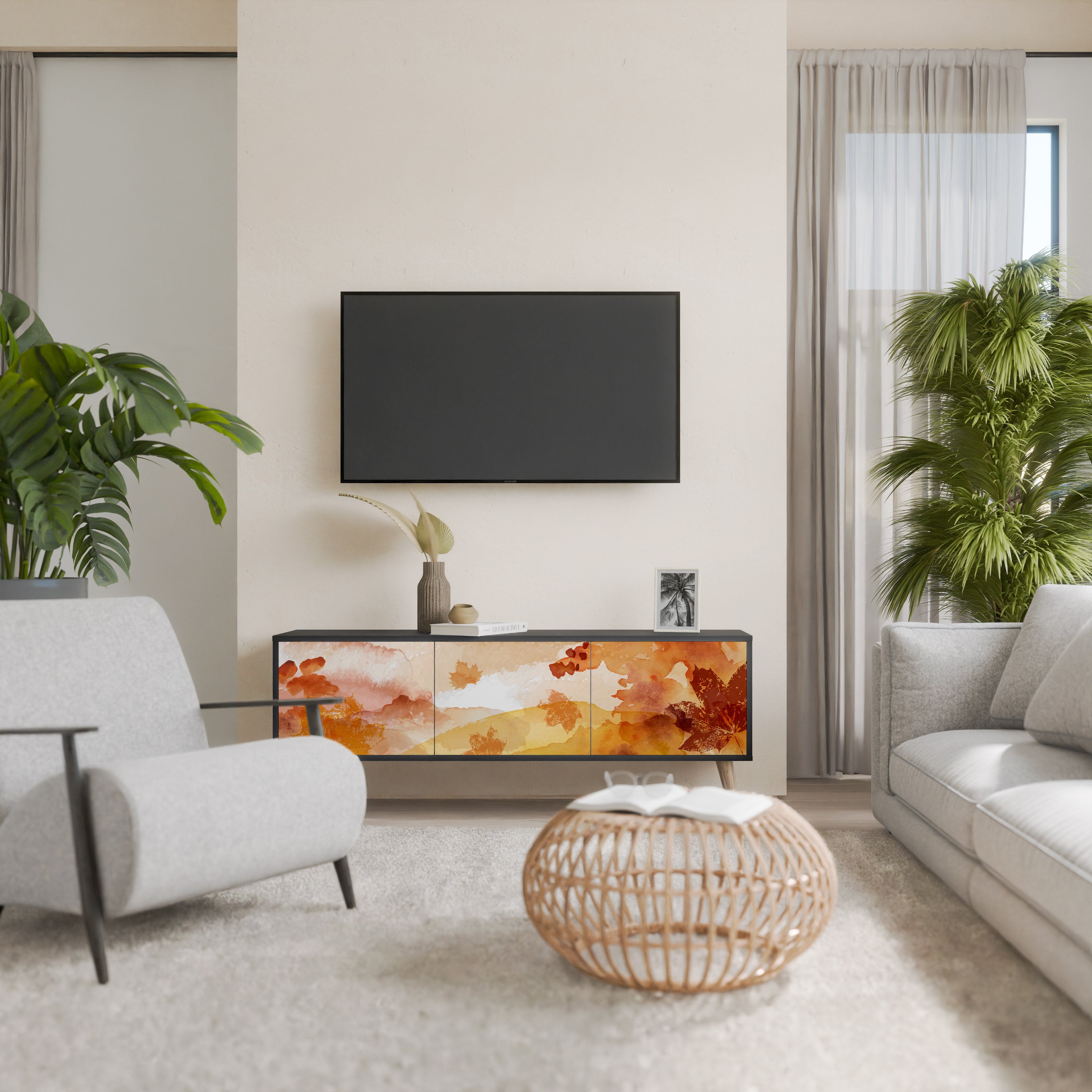 Mueble de TV de 3 puertas TRACES OF AUTUMN en acabado negro