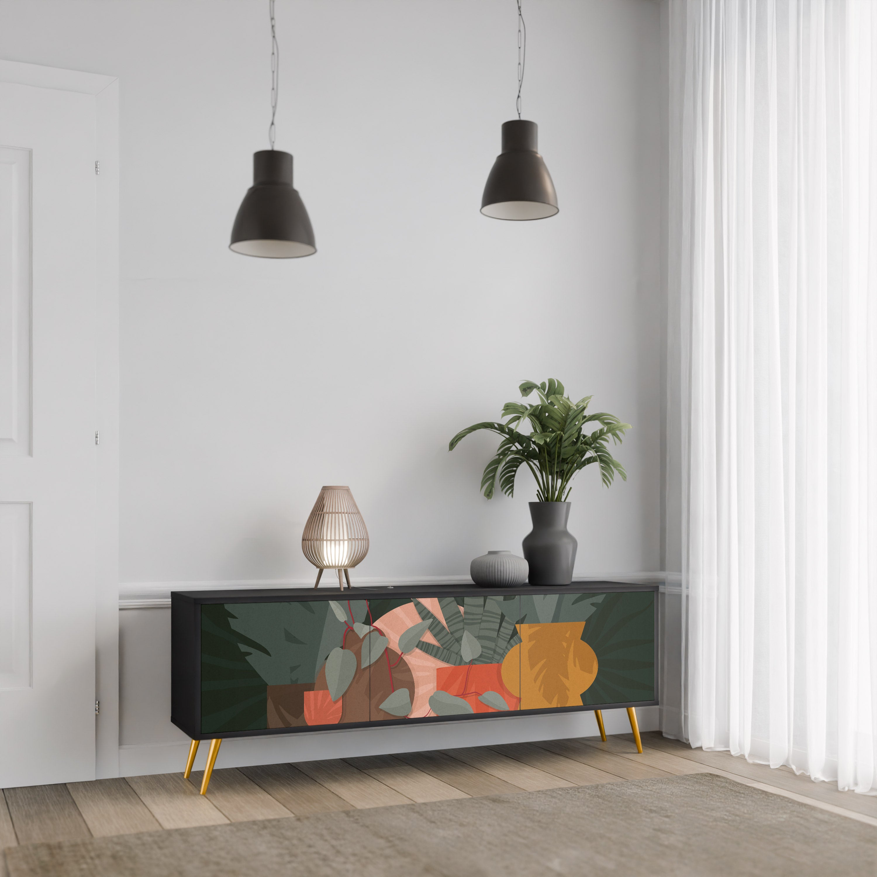 COMPOSICIÓN TROPICAL Mueble de TV de 3 puertas en acabado negro