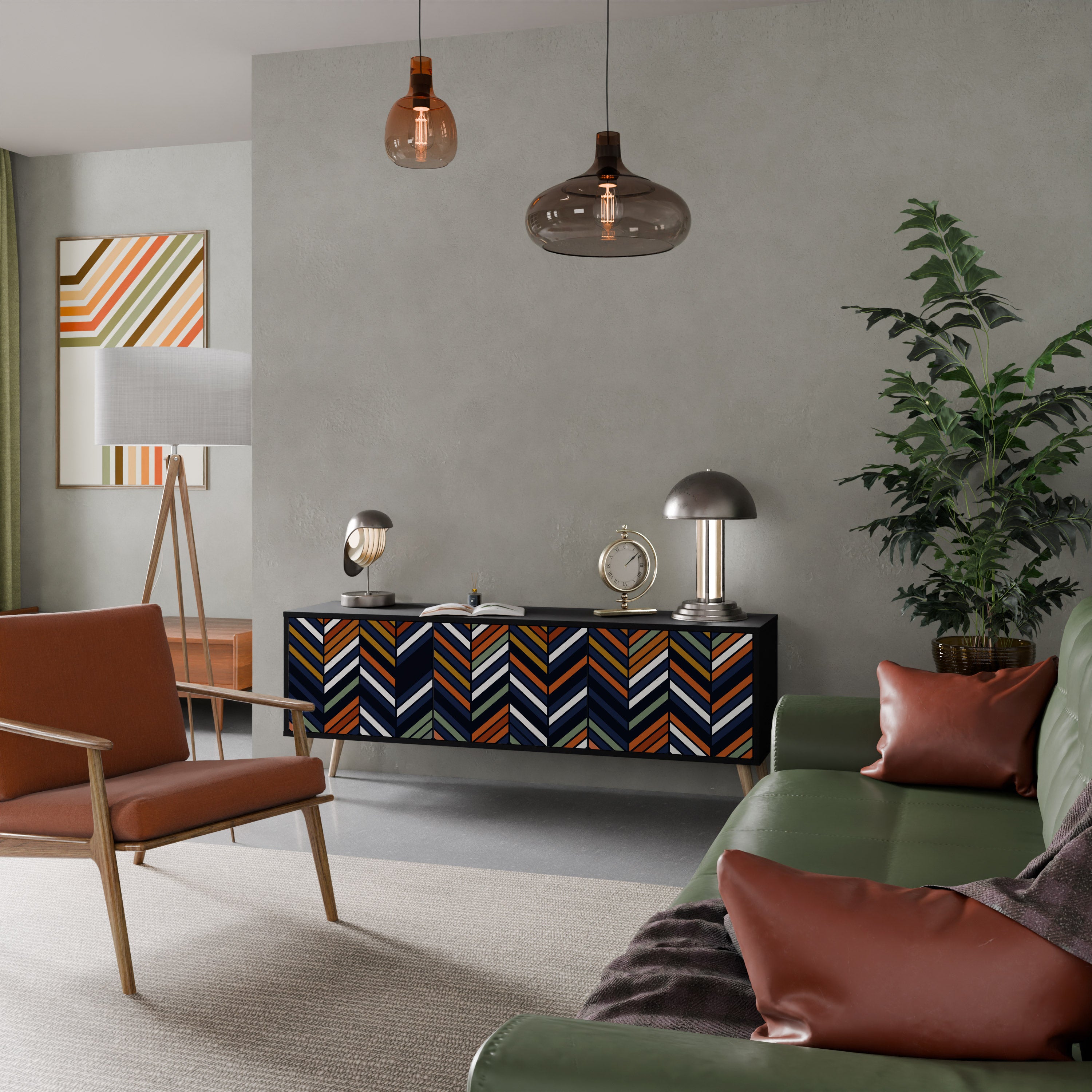 Mueble de TV de 3 puertas con diseño de parches vibrantes en acabado negro