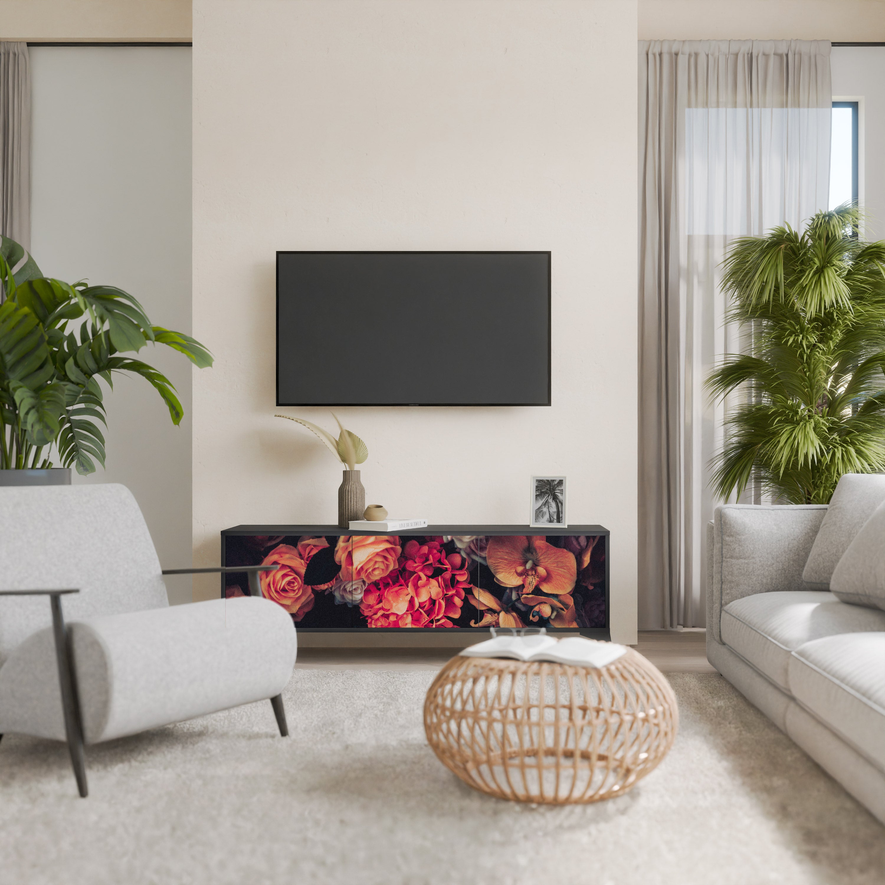 Mueble de TV de 3 puertas NEVERENDING BLOOM con acabado negro