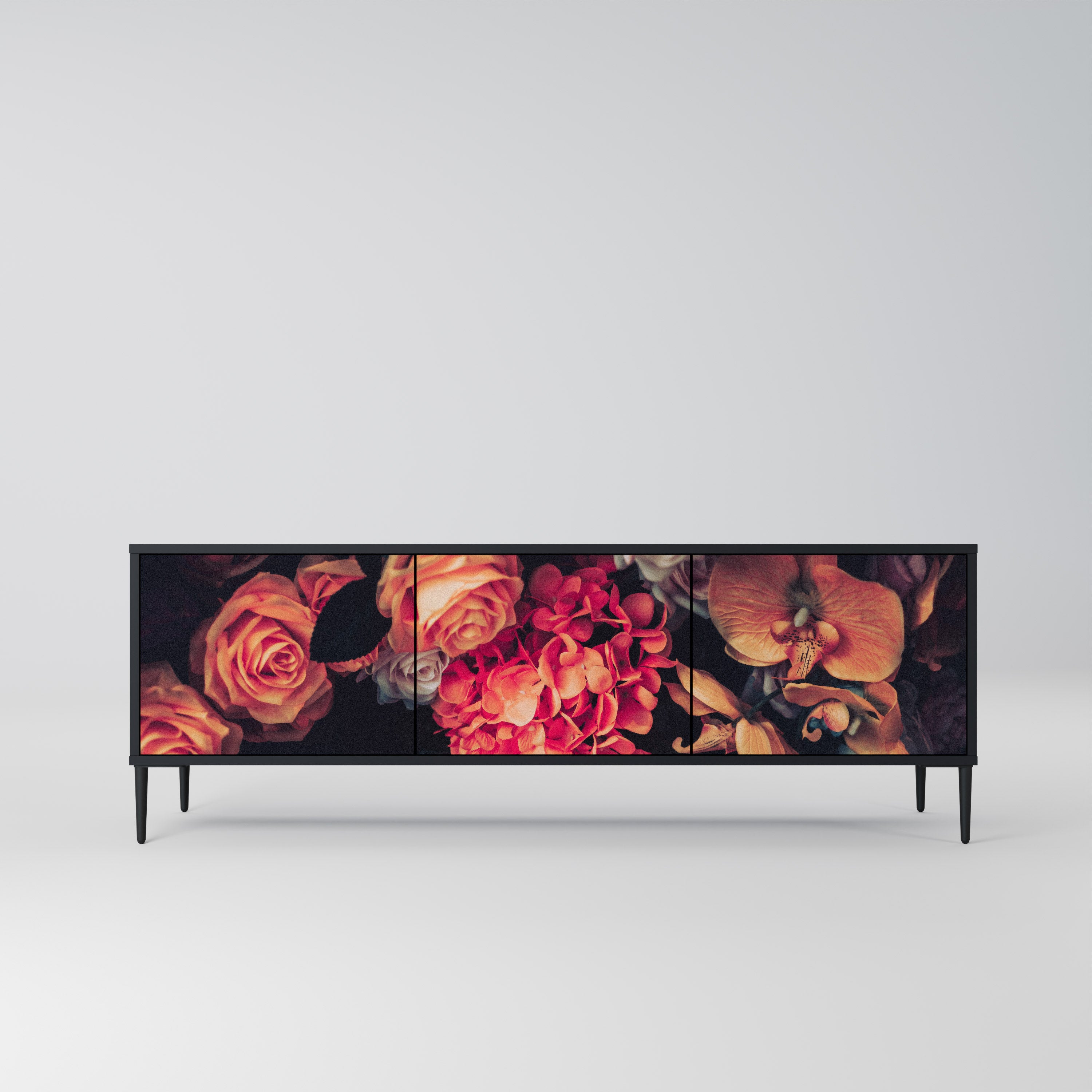 Mueble de TV de 3 puertas NEVERENDING BLOOM con acabado negro