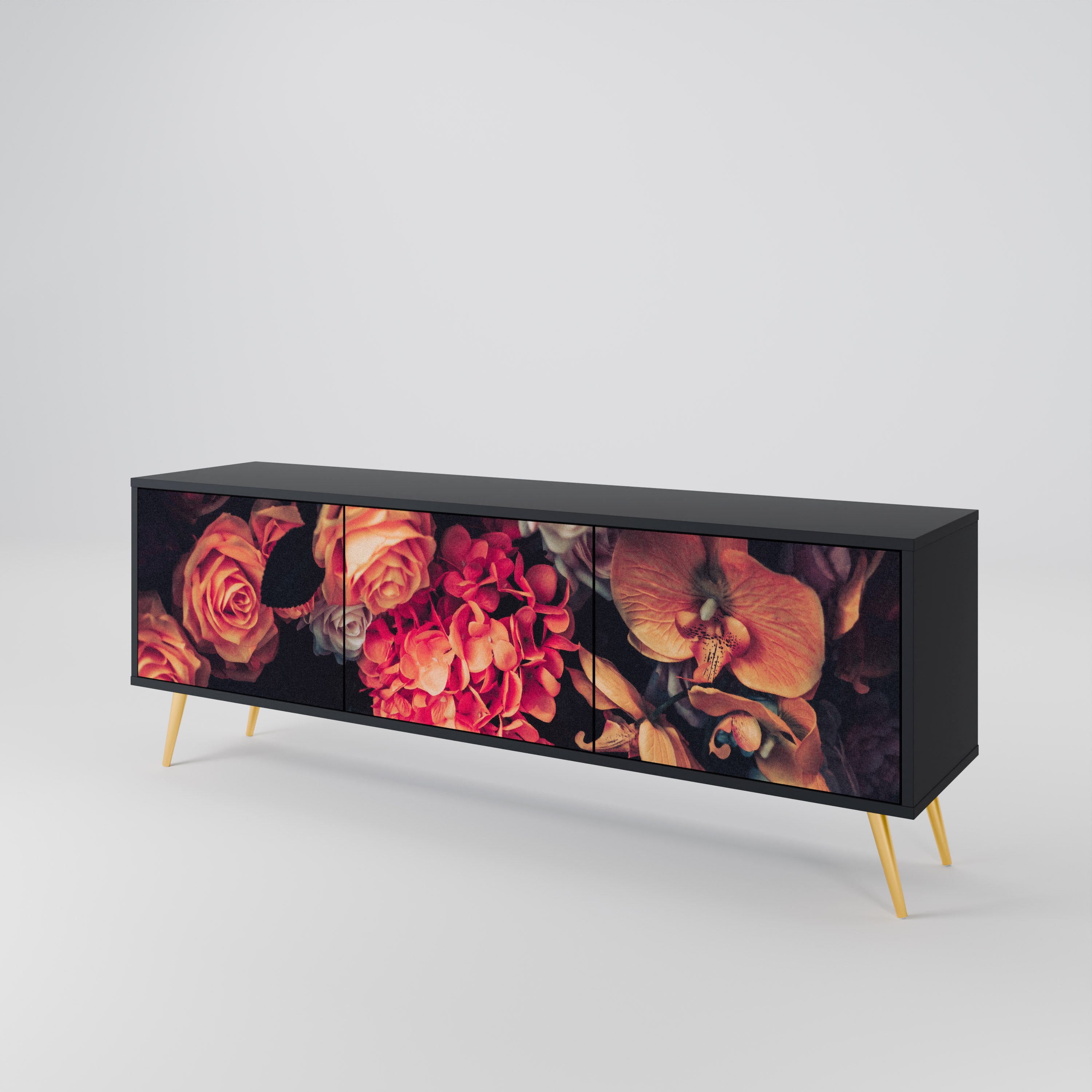 Mueble de TV de 3 puertas NEVERENDING BLOOM con acabado negro