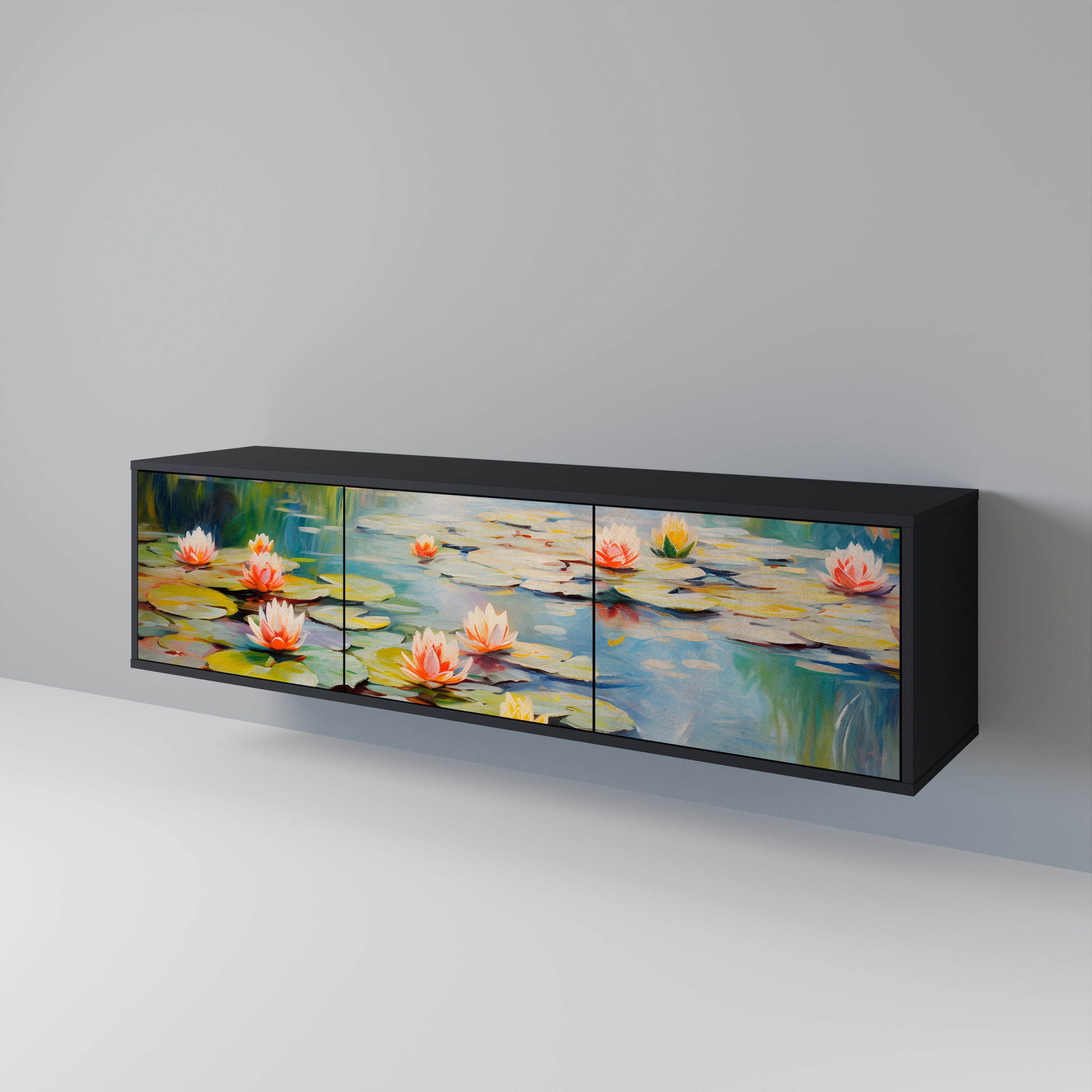 Mueble de TV de 3 puertas BLOOMING WATERS con acabado negro
