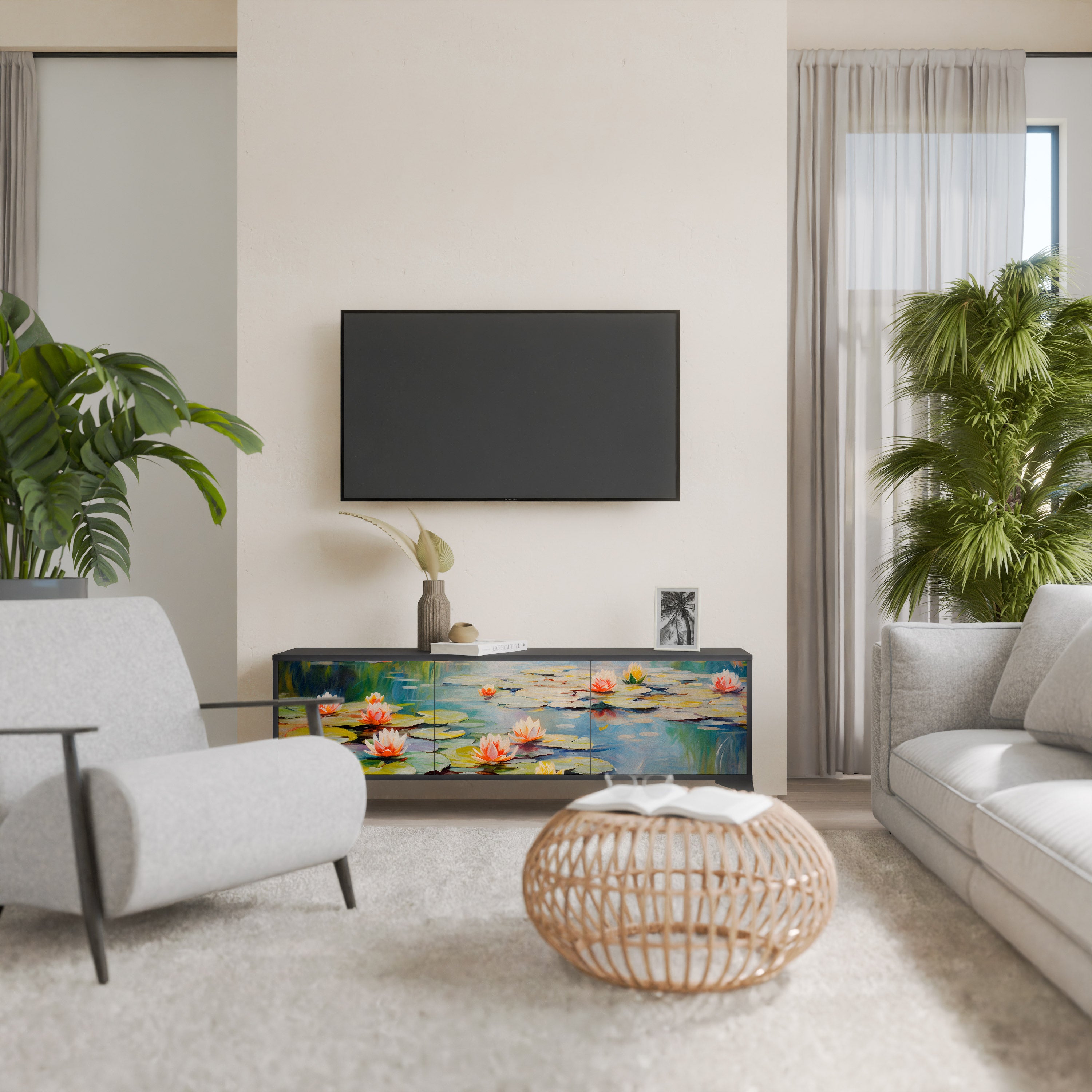 Mueble de TV de 3 puertas BLOOMING WATERS con acabado negro