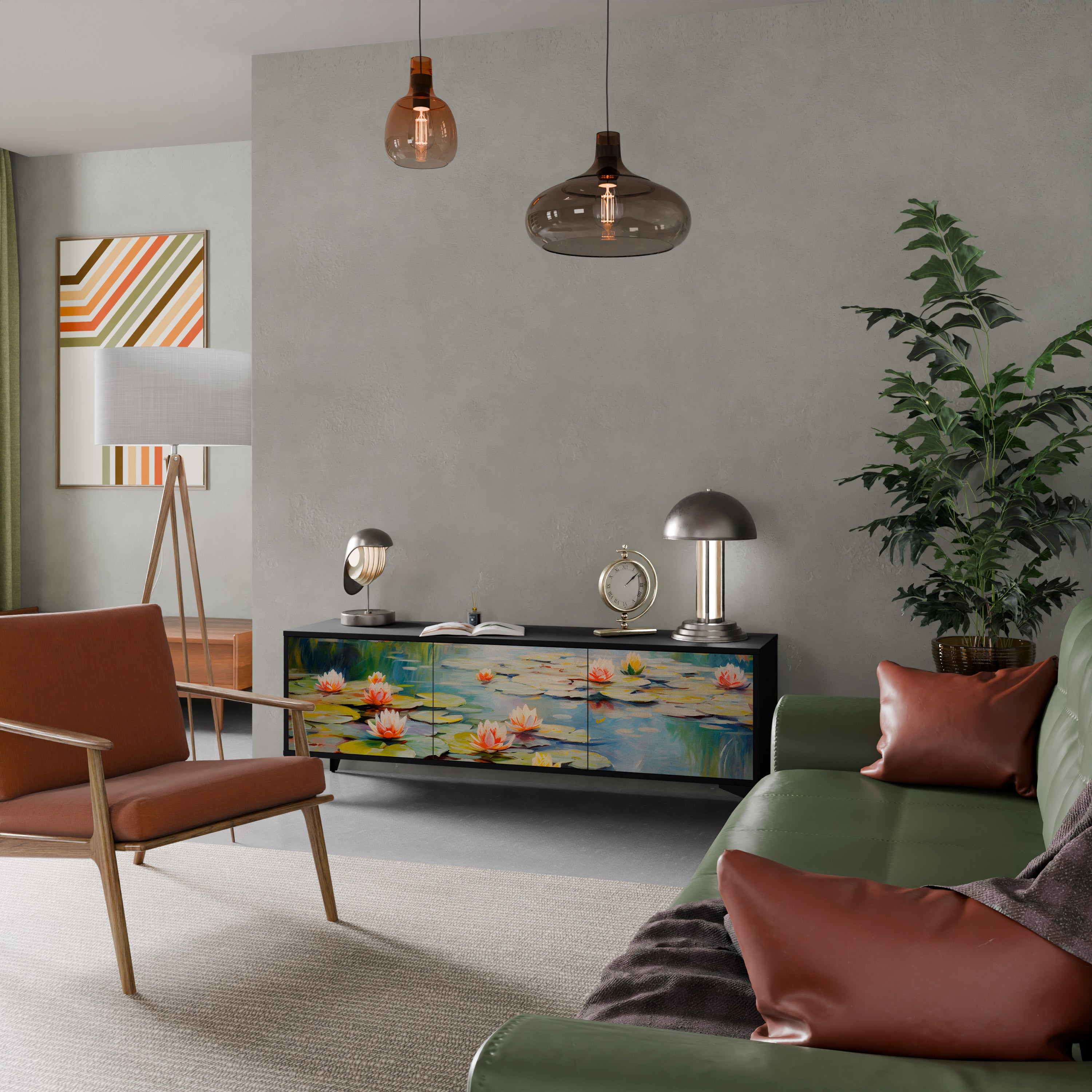 Mueble de TV de 3 puertas BLOOMING WATERS con acabado negro