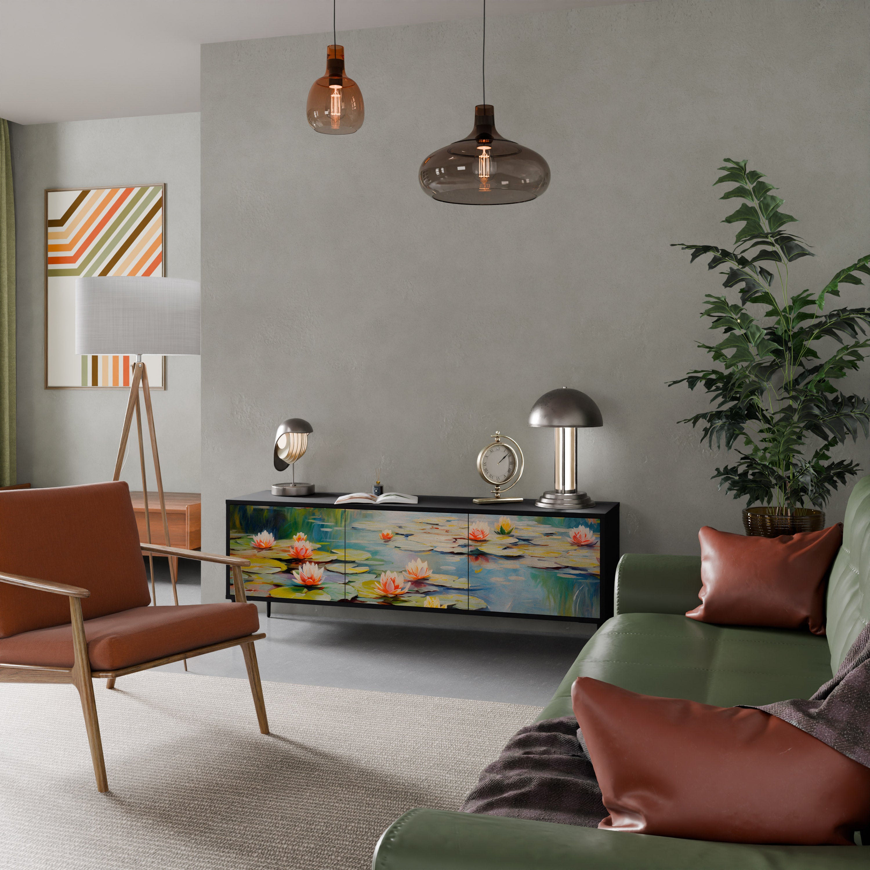 Mueble de TV de 3 puertas BLOOMING WATERS con acabado negro
