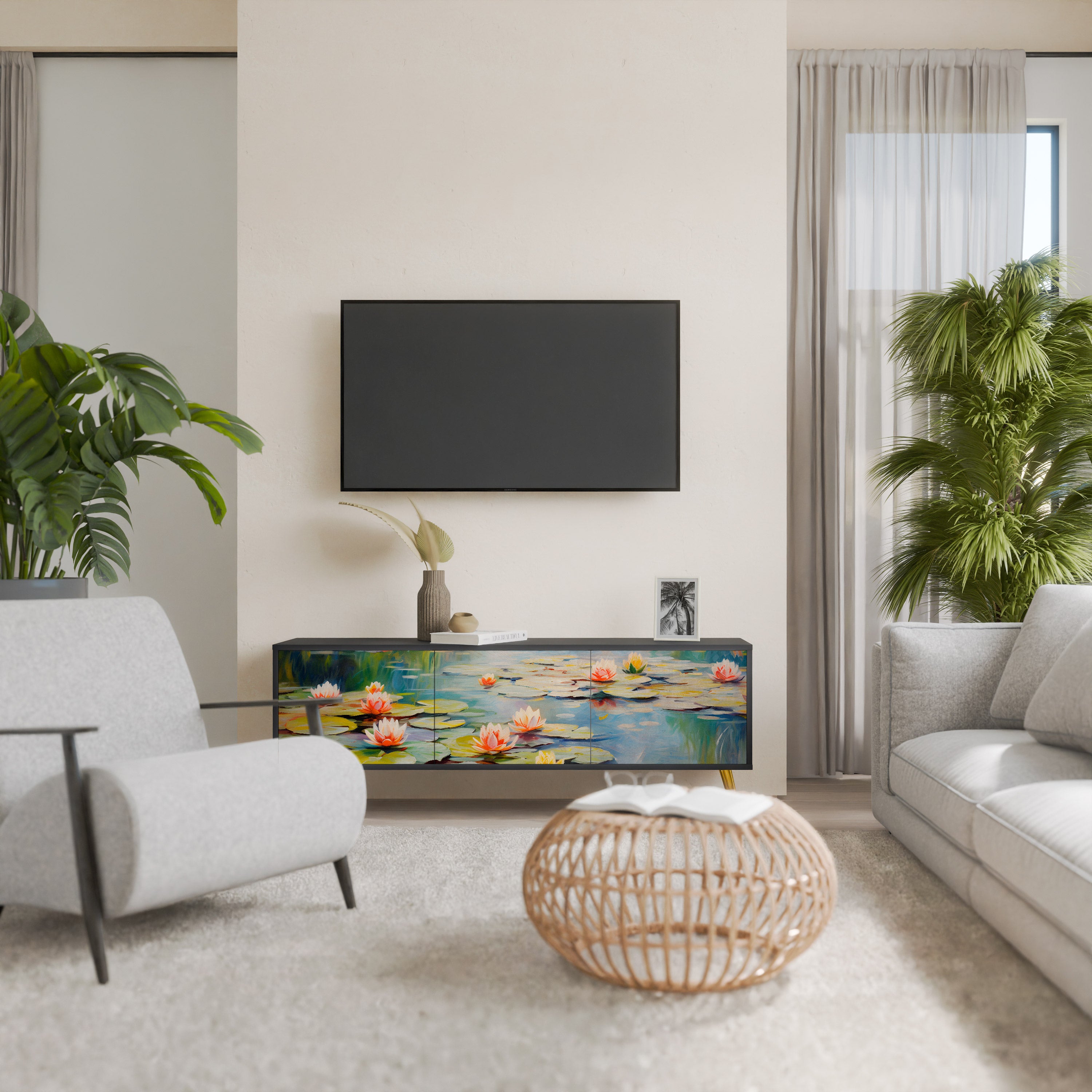 Mueble de TV de 3 puertas BLOOMING WATERS con acabado negro