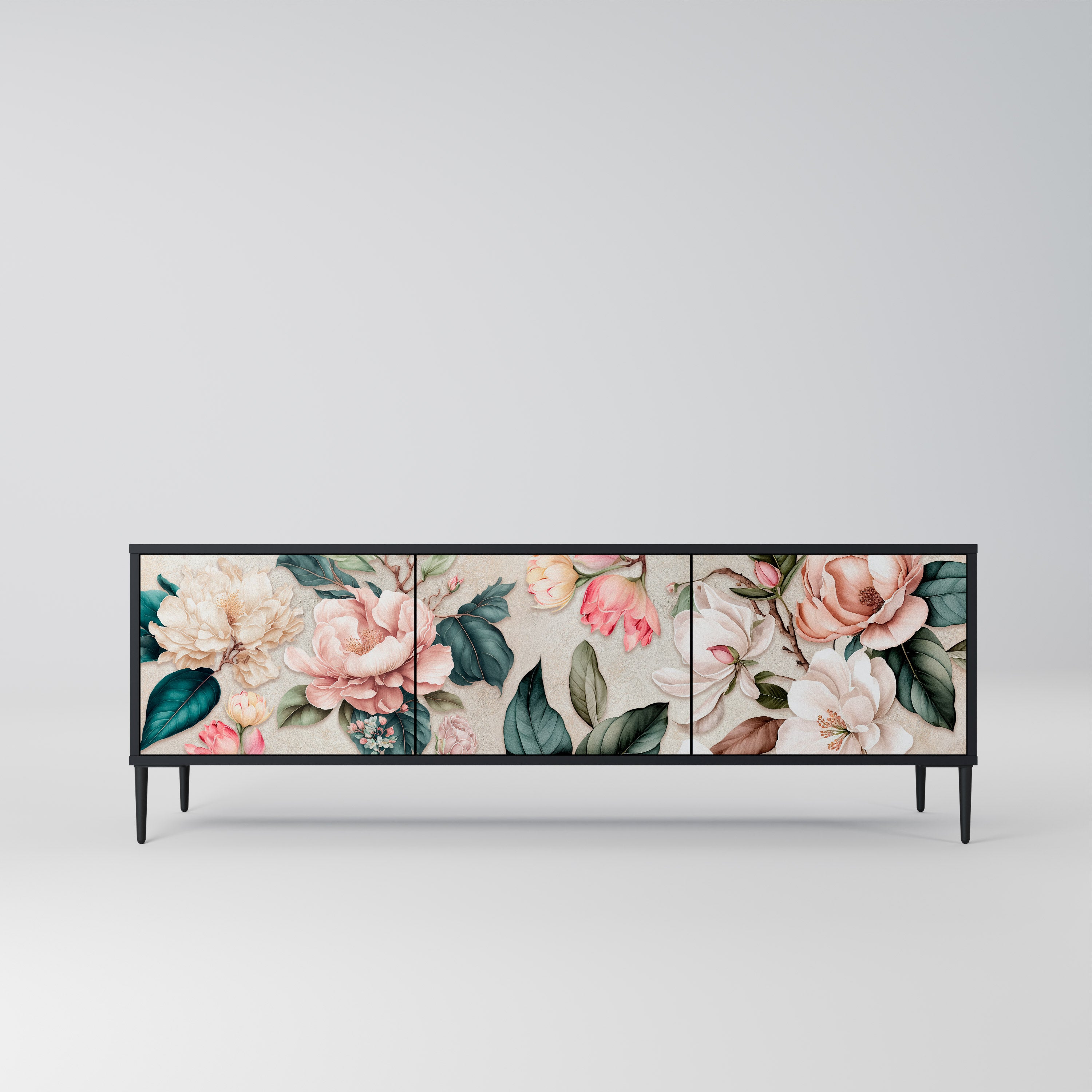 Mueble de TV de 3 puertas FLORAL GRACE en acabado negro