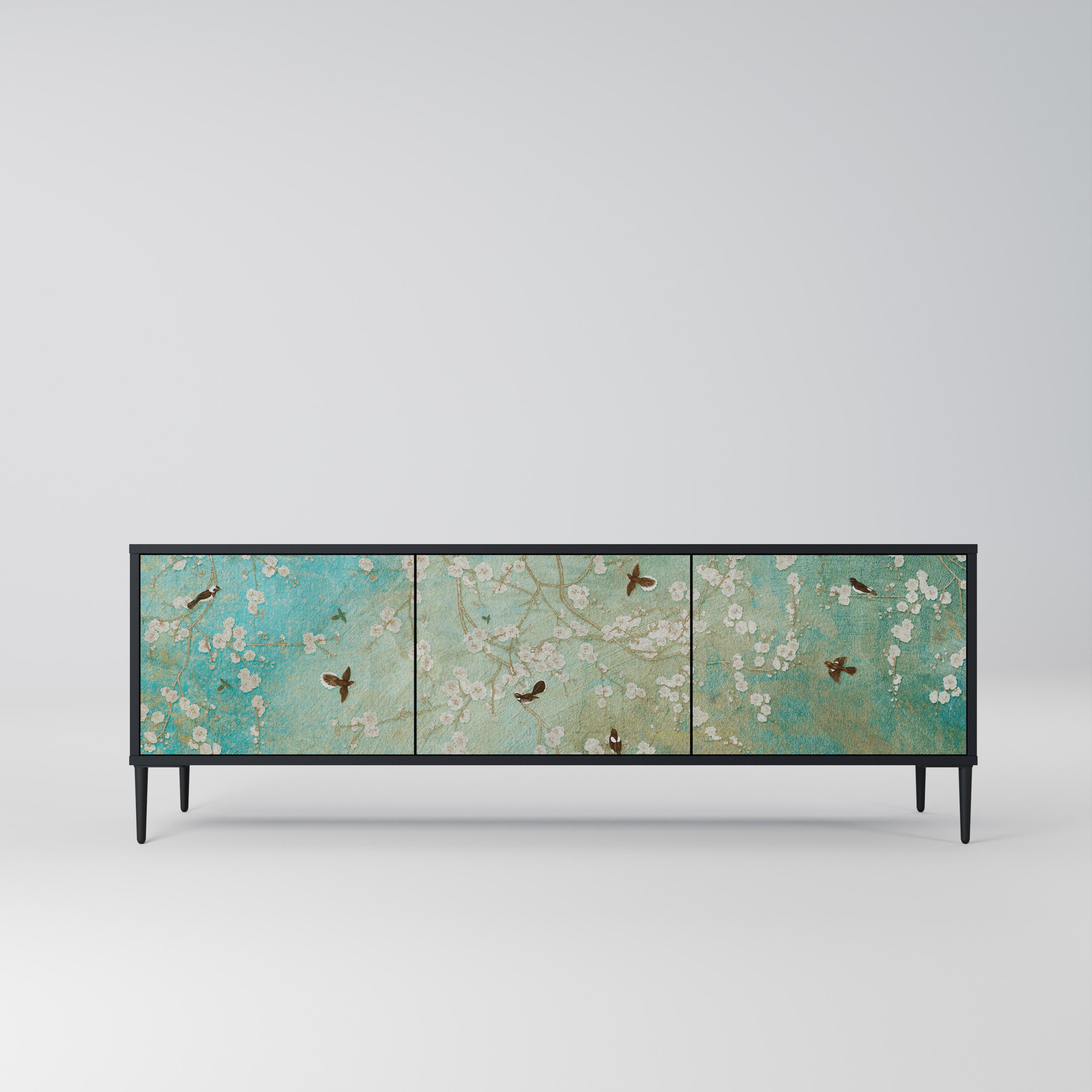 Mueble de TV de 3 puertas BLOOMING CHARM con acabado negro