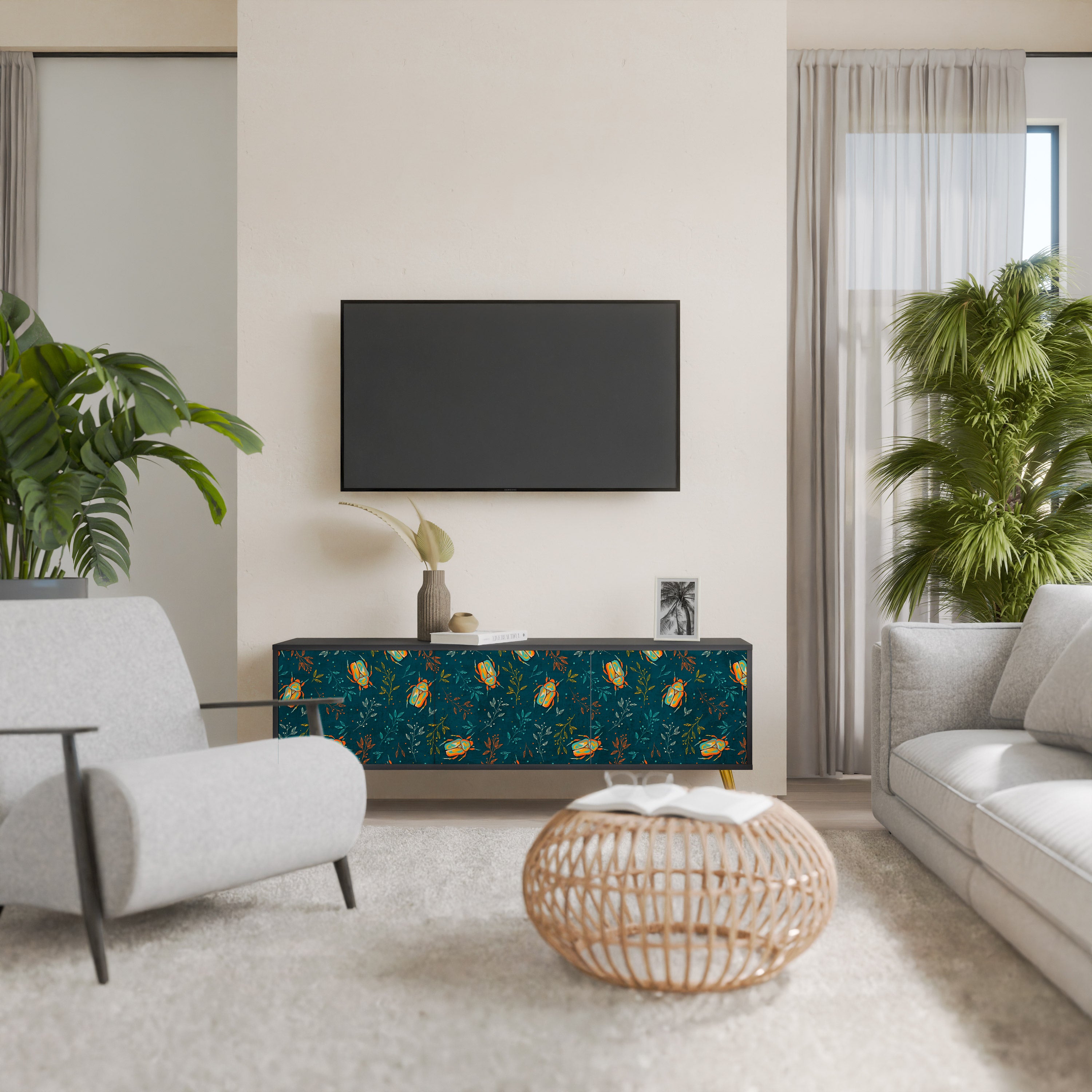 AUTUMN INSECTS 3-Door TV Stand in Black Finish