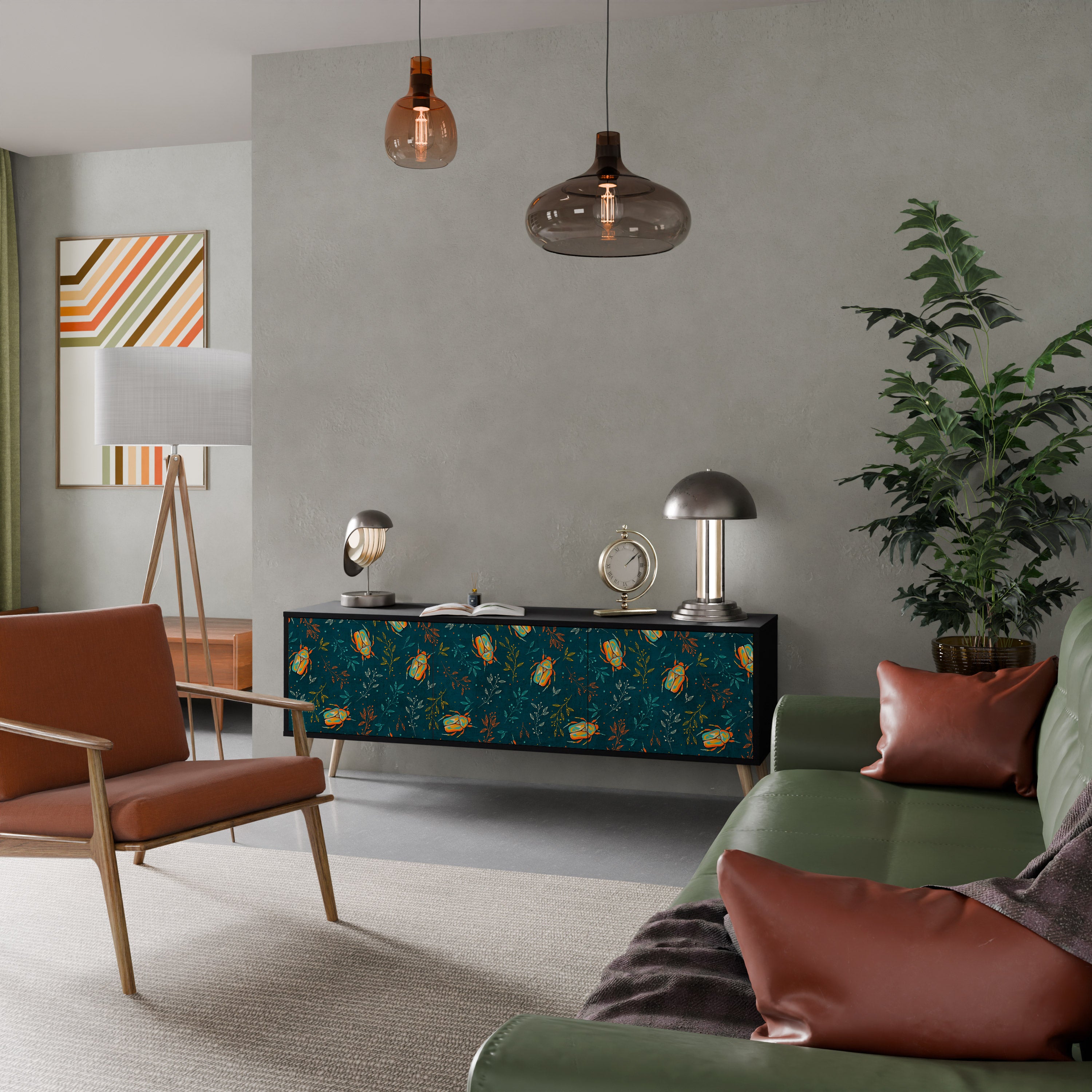 AUTUMN INSECTS 3-Door TV Stand in Black Finish