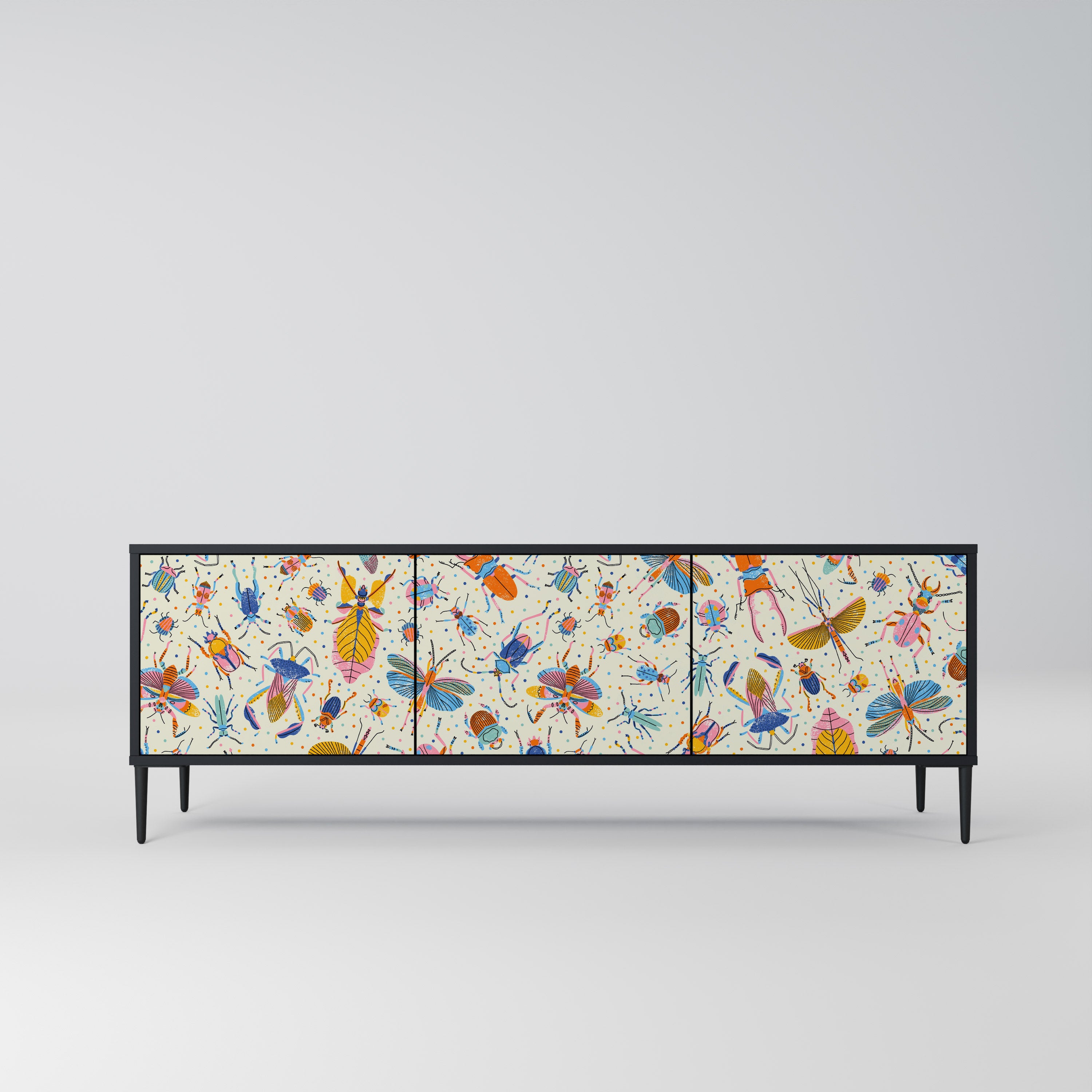 Mueble de TV de 3 puertas COLORFUL INSECTS en acabado negro