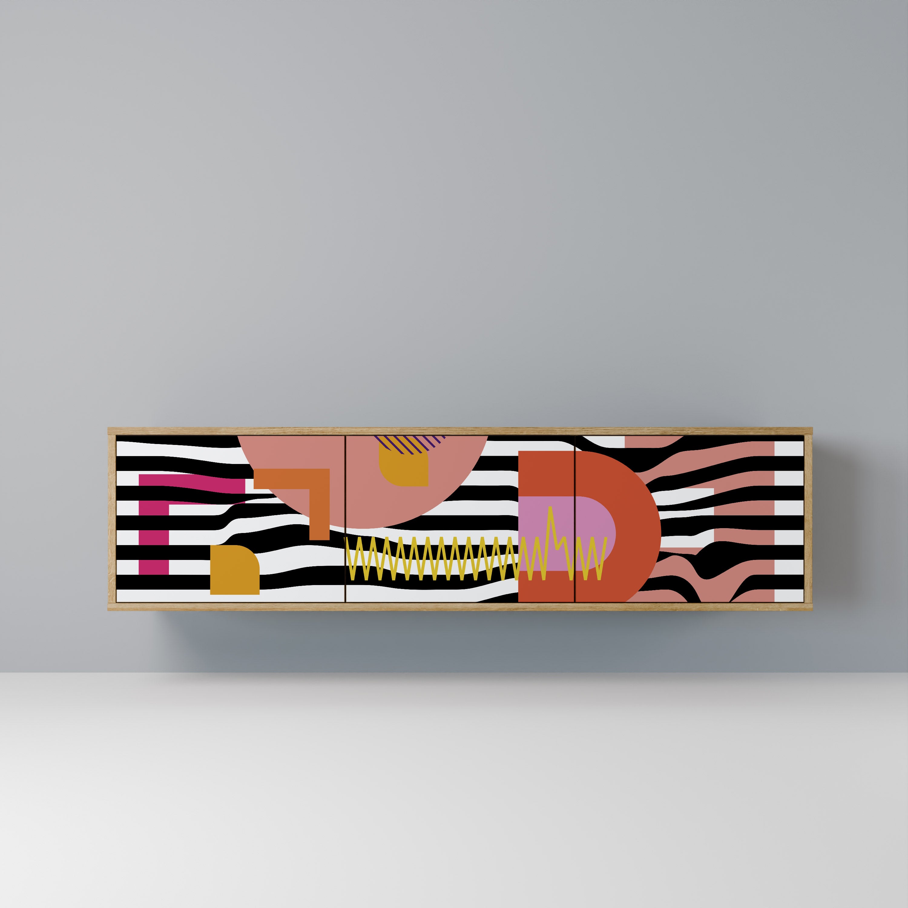Mueble de TV de 3 puertas ABSTRACTO CROMÁTICO en efecto roble