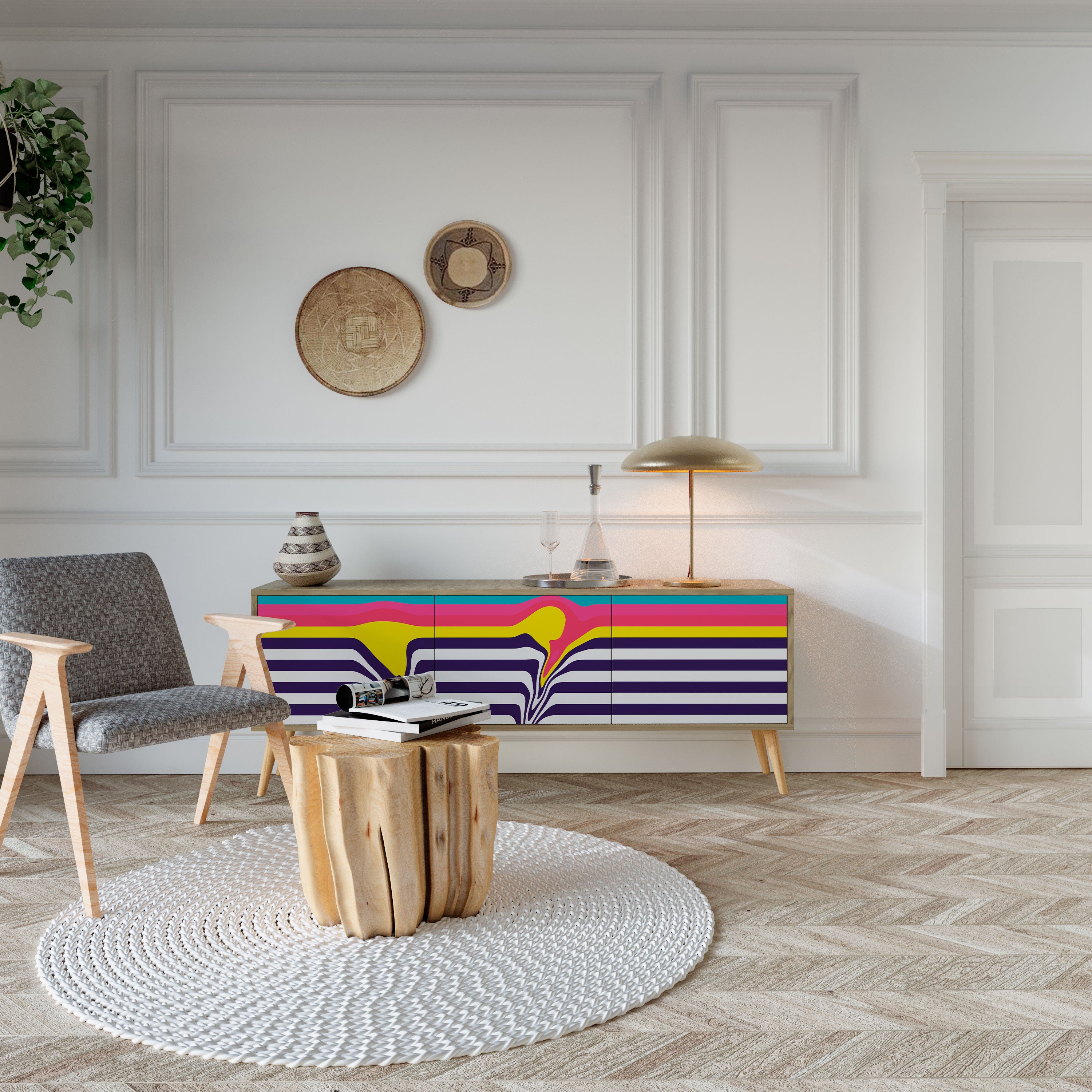 Mueble de TV de 3 puertas COLORFUL DIVERSION con efecto roble