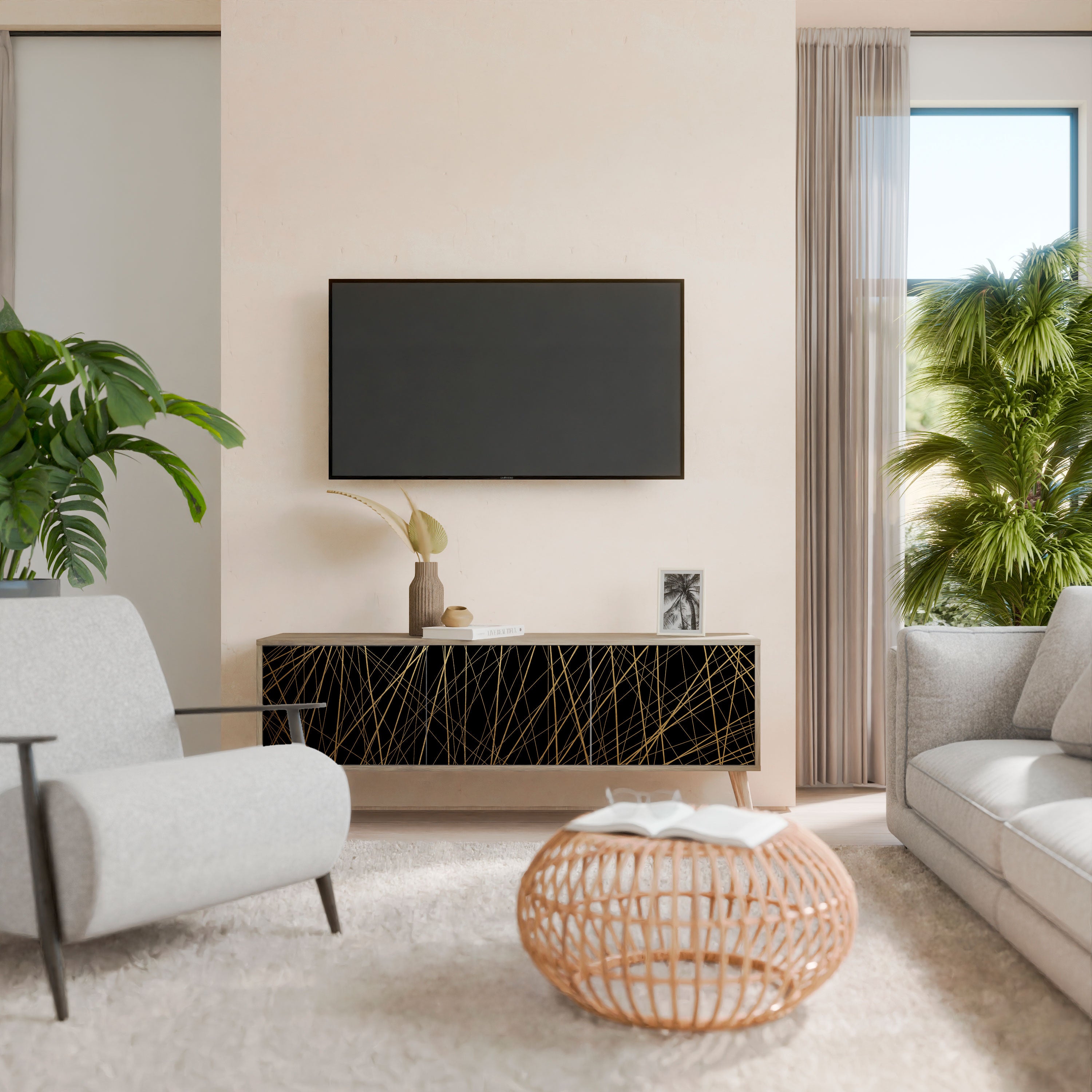 BRIGHT MESH 3-Door TV Stand in Oak Effect