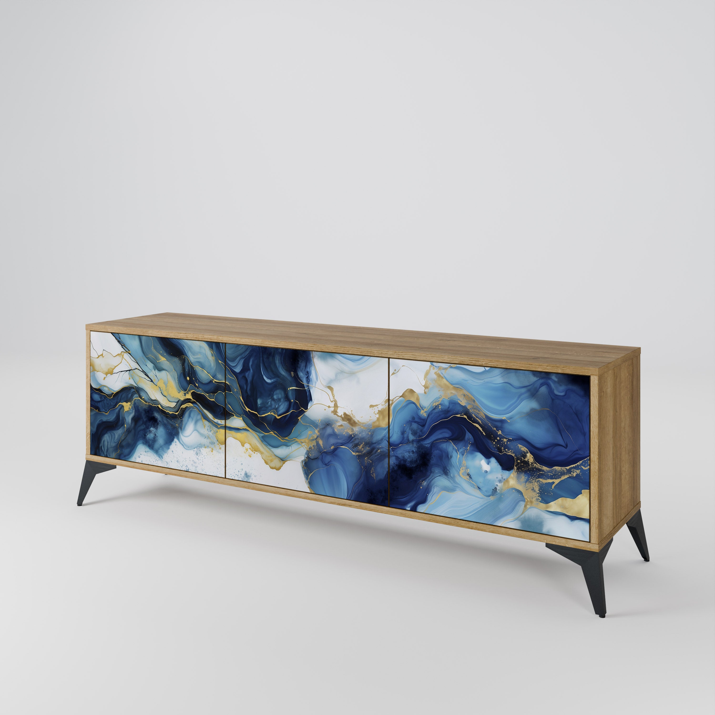 INKY MARBLE 3-Door TV Stand in Oak Effect