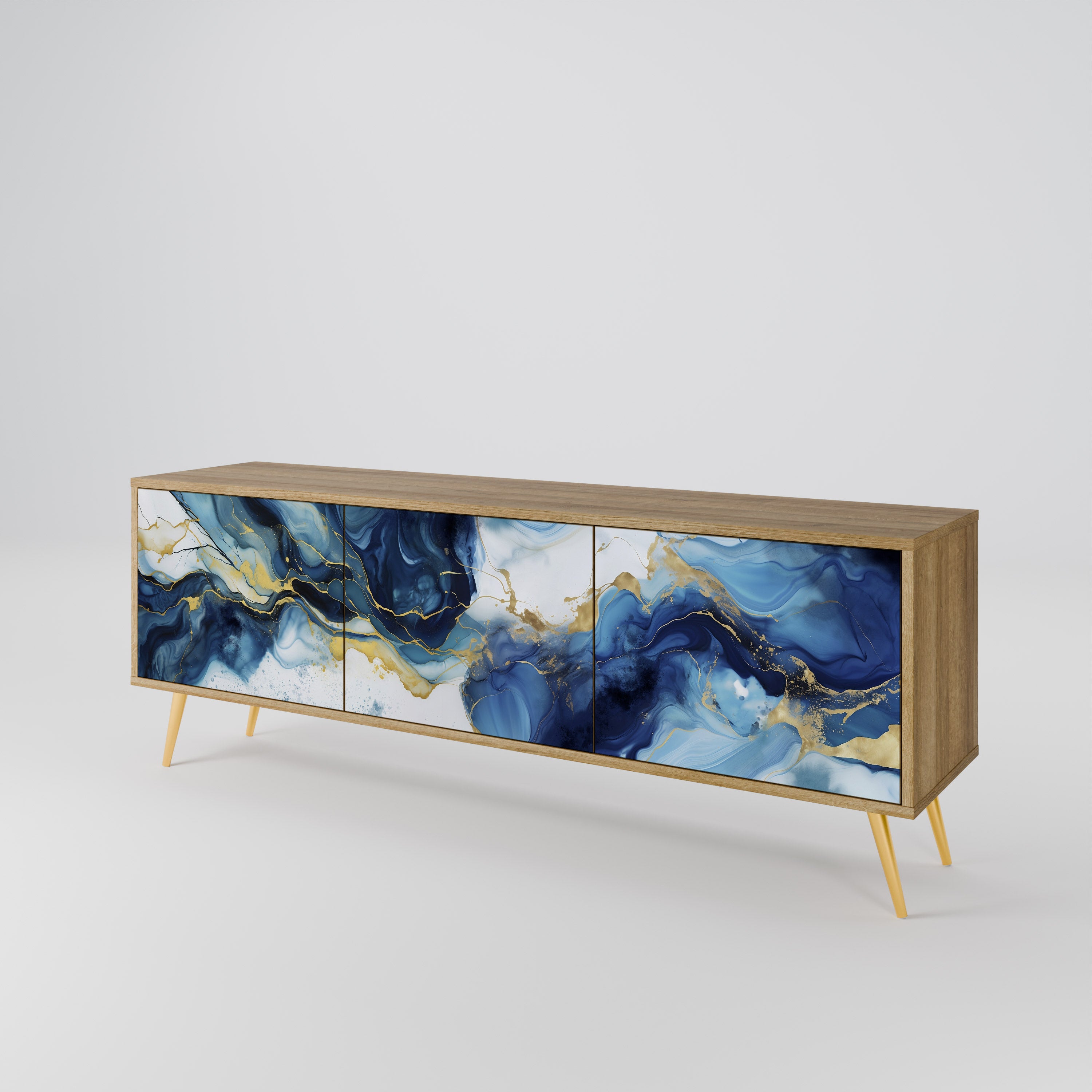 INKY MARBLE 3-Door TV Stand in Oak Effect