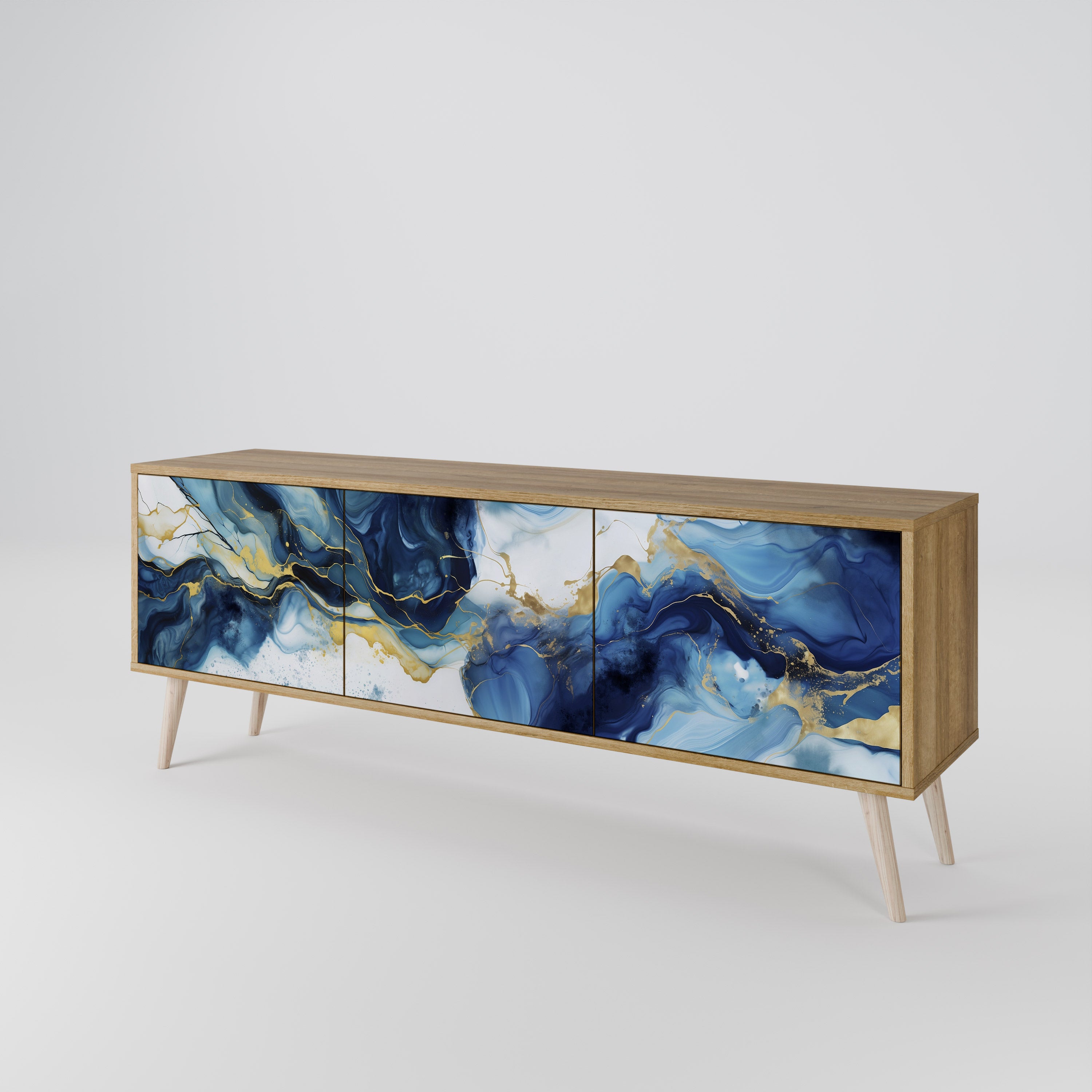 INKY MARBLE 3-Door TV Stand in Oak Effect
