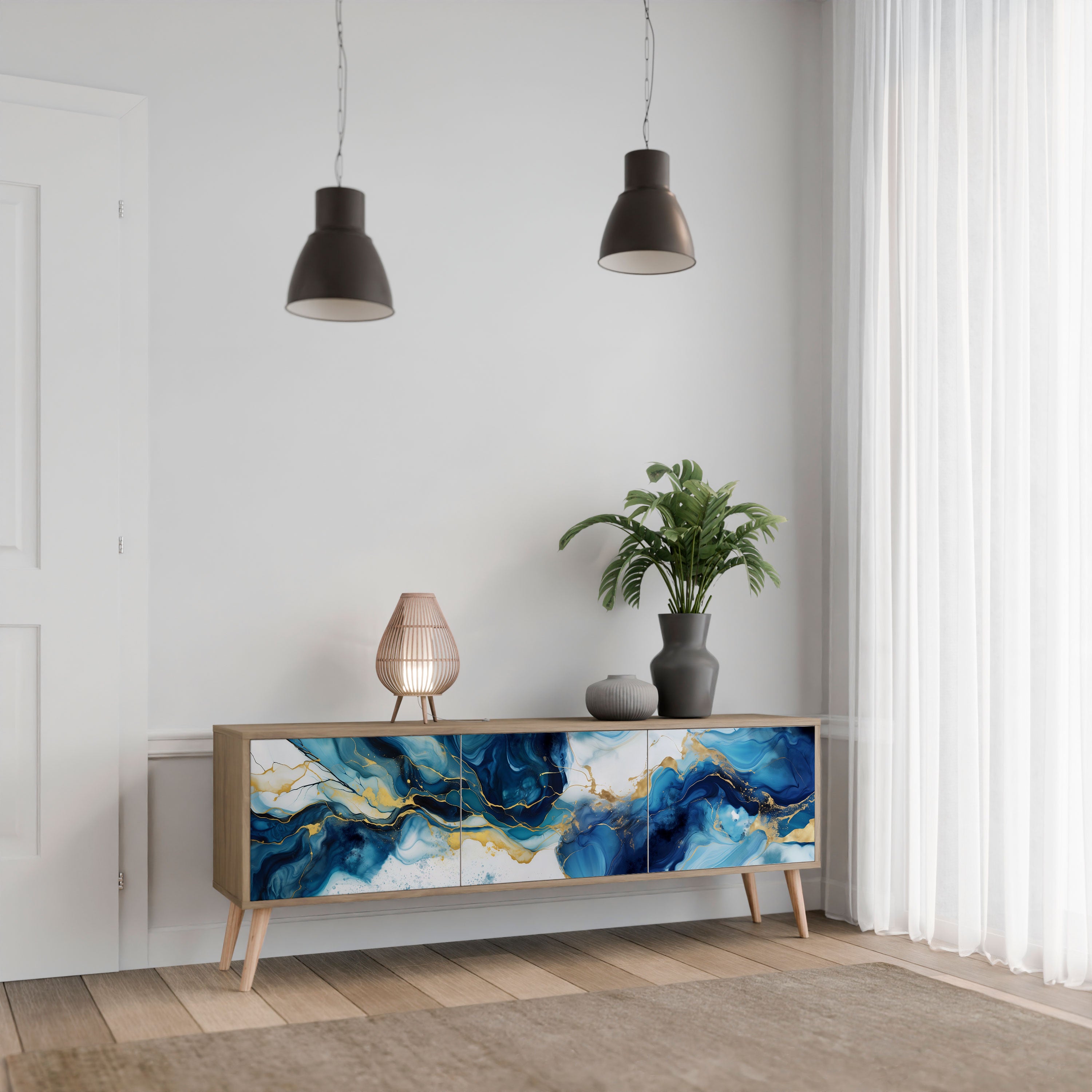 INKY MARBLE 3-Door TV Stand in Oak Effect