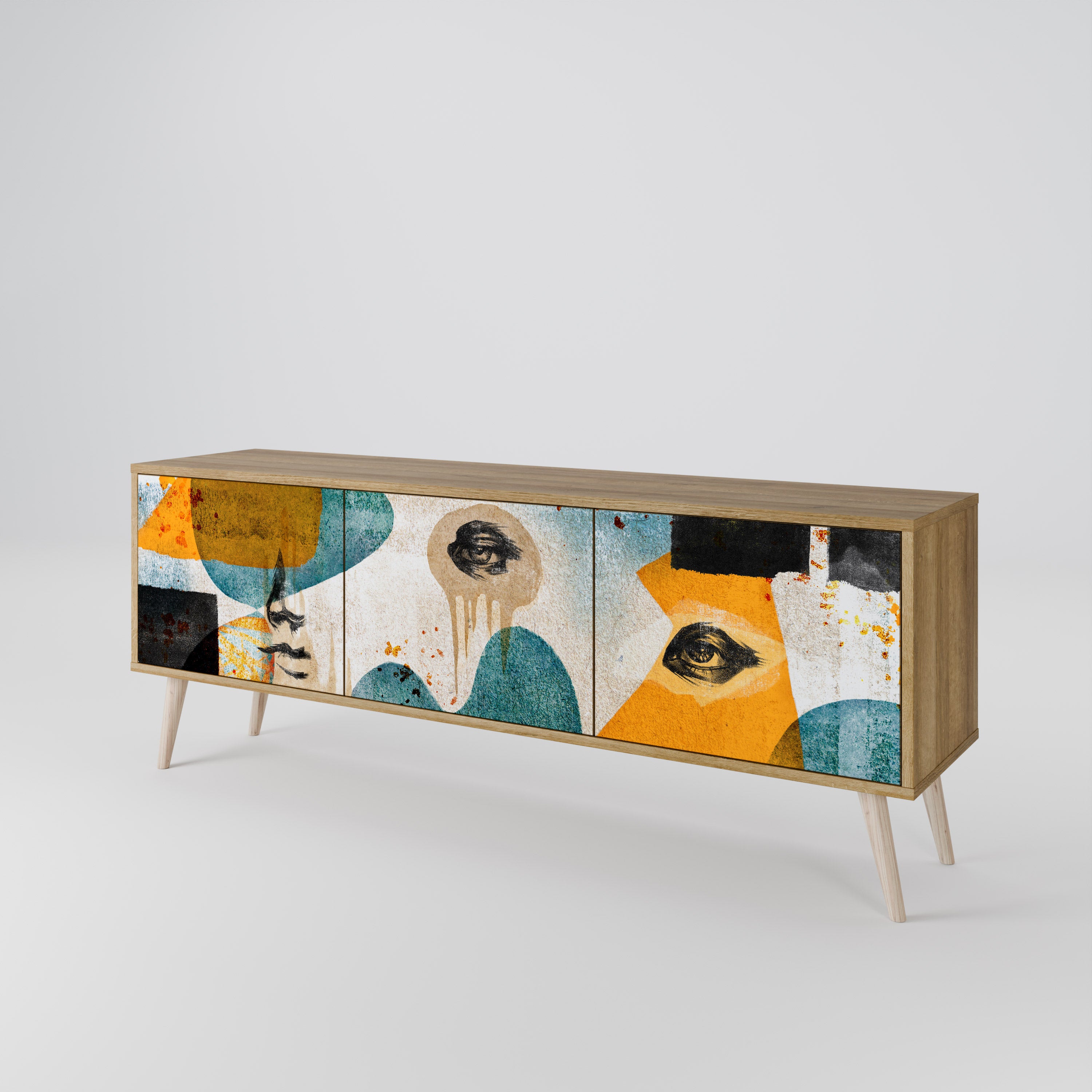 Mueble de TV de 3 puertas ABSTRACT FACES con efecto roble