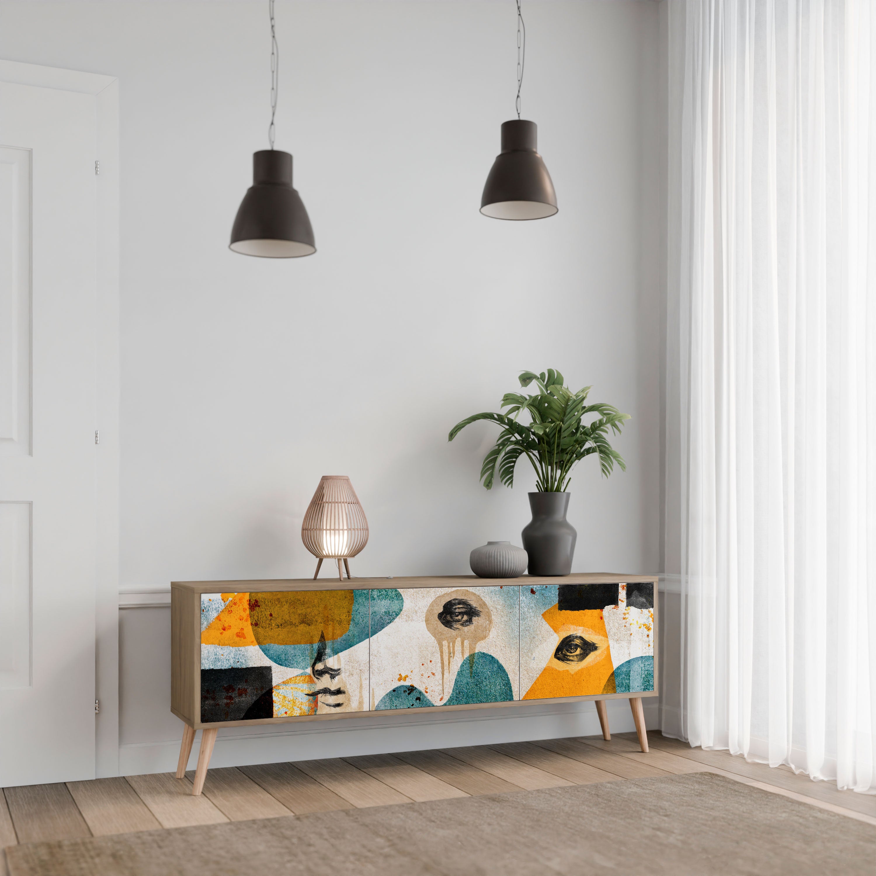 Mueble de TV de 3 puertas ABSTRACT FACES con efecto roble