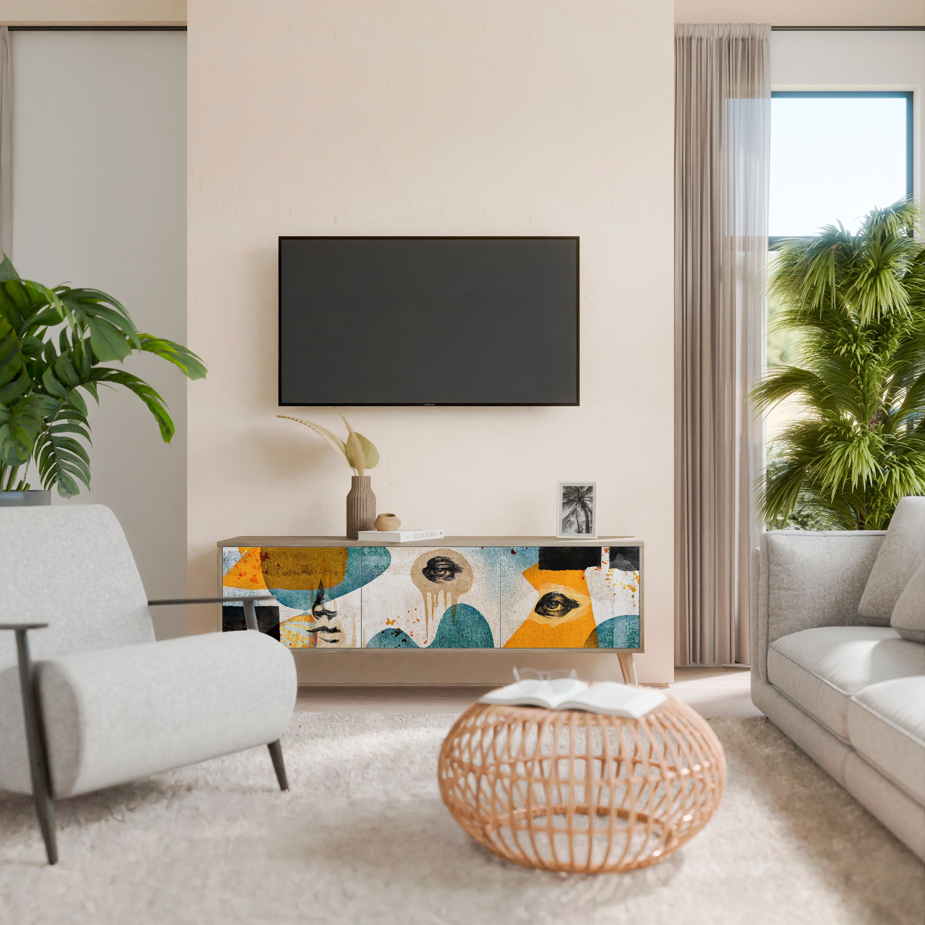 Mueble de TV de 3 puertas ABSTRACT FACES con efecto roble