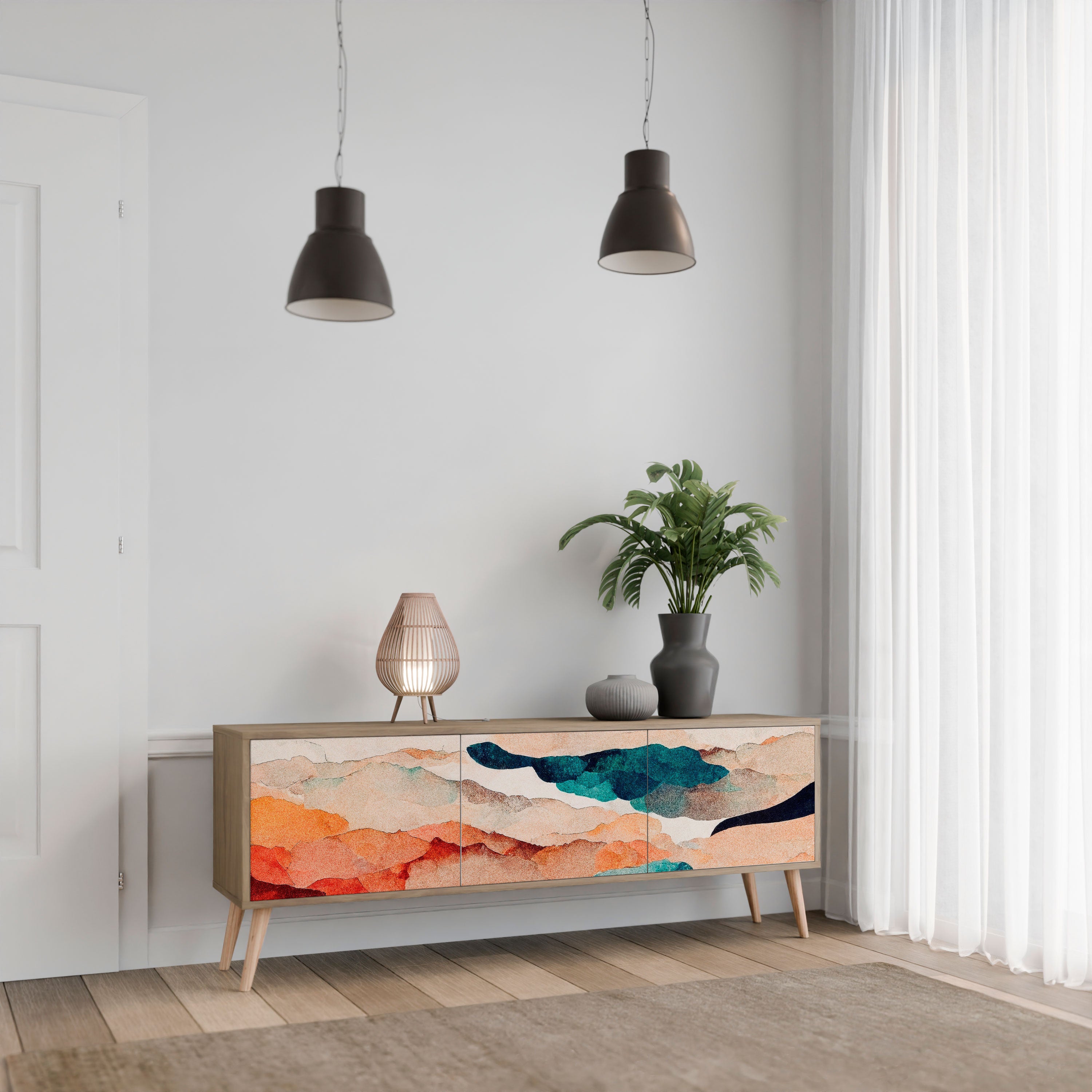 Mueble de TV de 3 puertas PAISAJE ABSTRACTO efecto roble