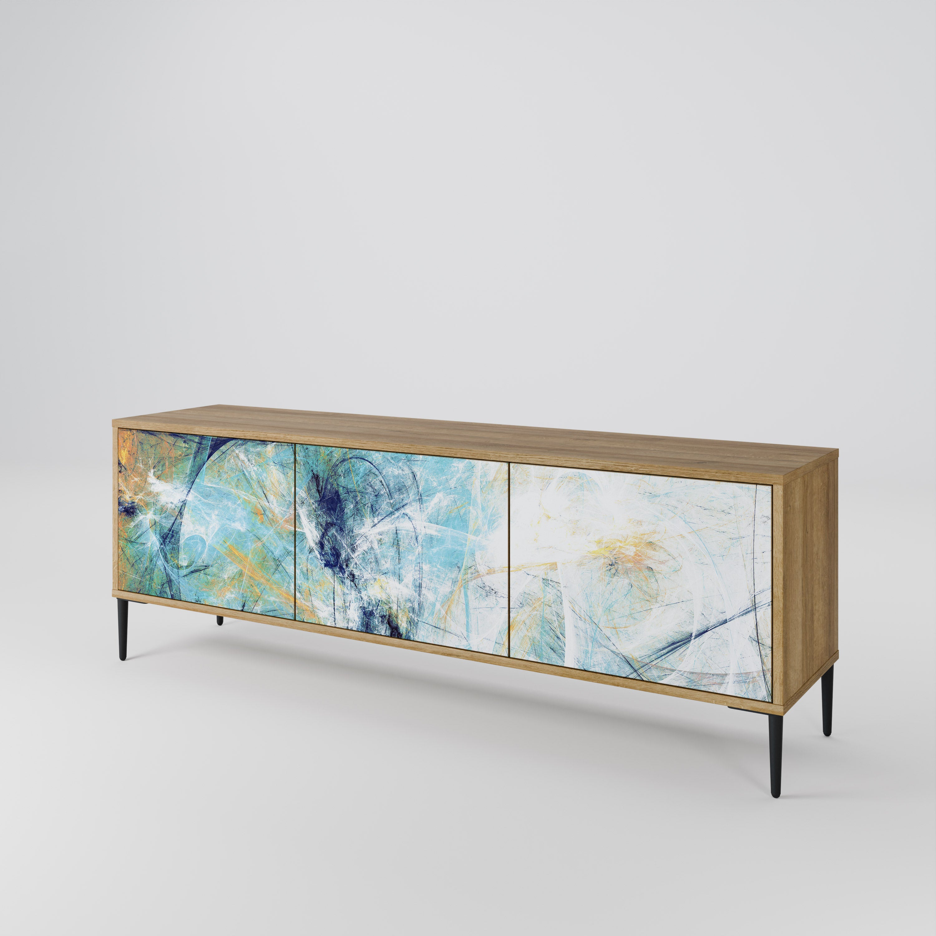 PENSAMIENTOS ABSTRACTOS Mueble de TV de 3 puertas en efecto roble