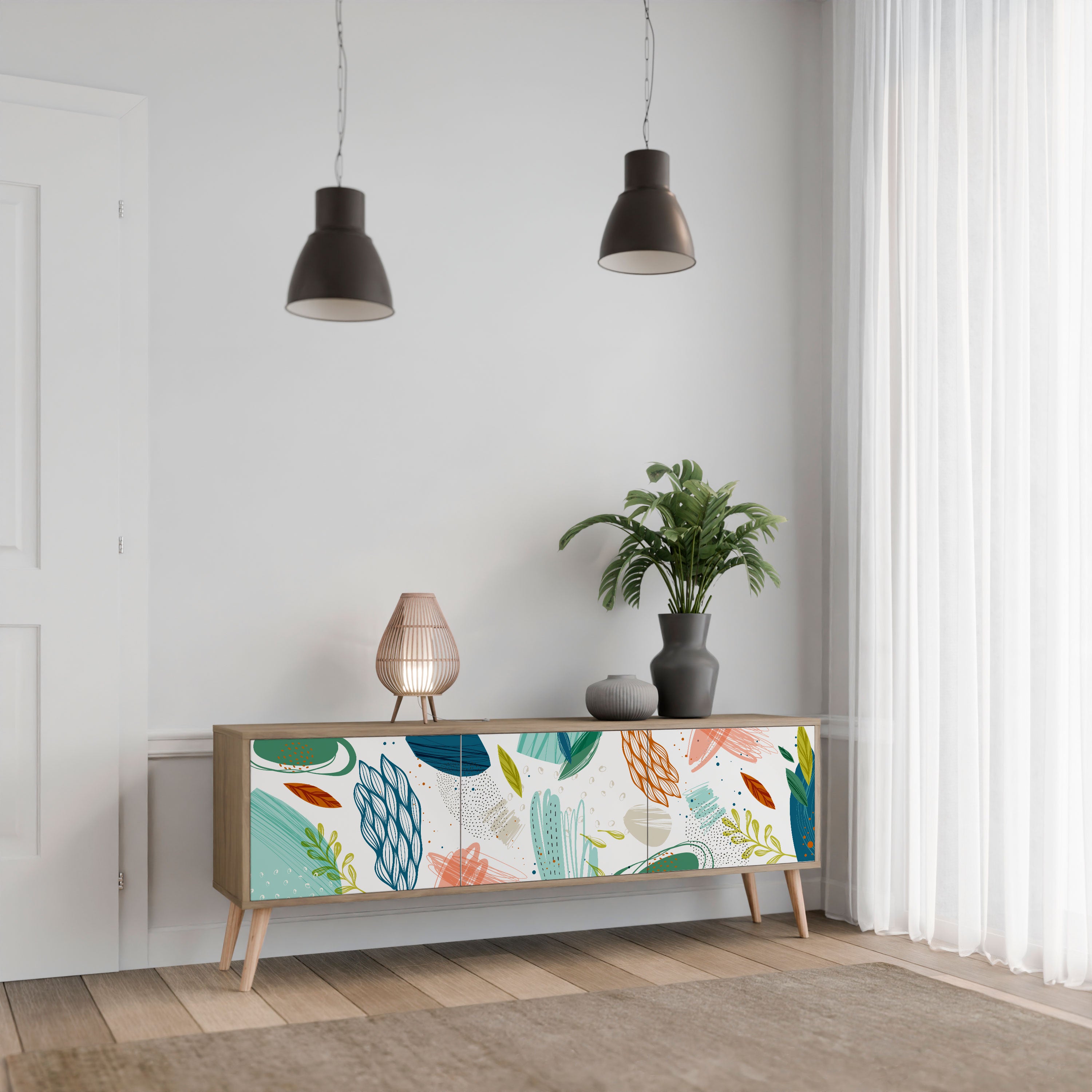 BOTANICAL HURRICANE 3-Door TV Stand in Oak Effect