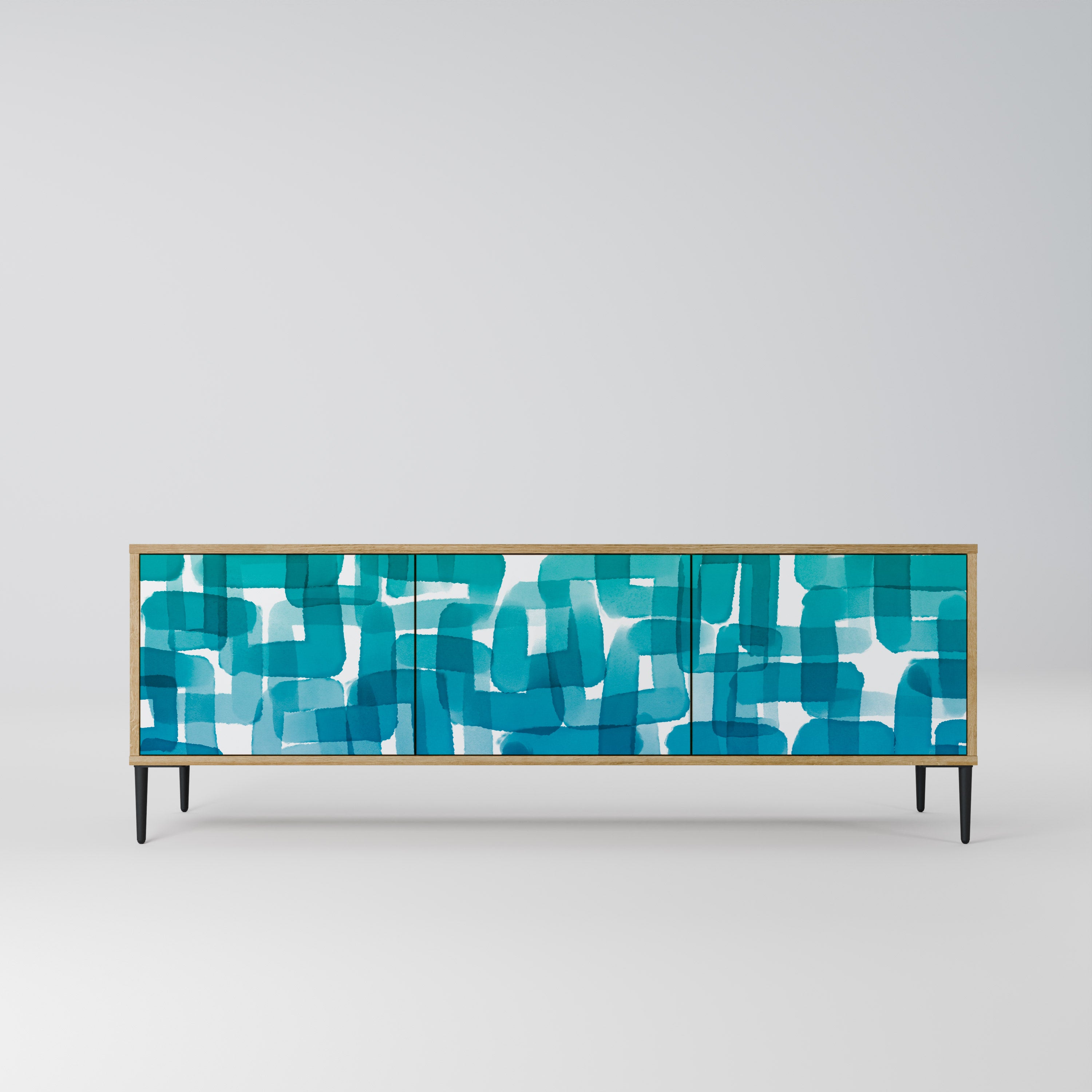 TURQUOISE RECTANGLES 3-Door TV Stand in Oak Effect