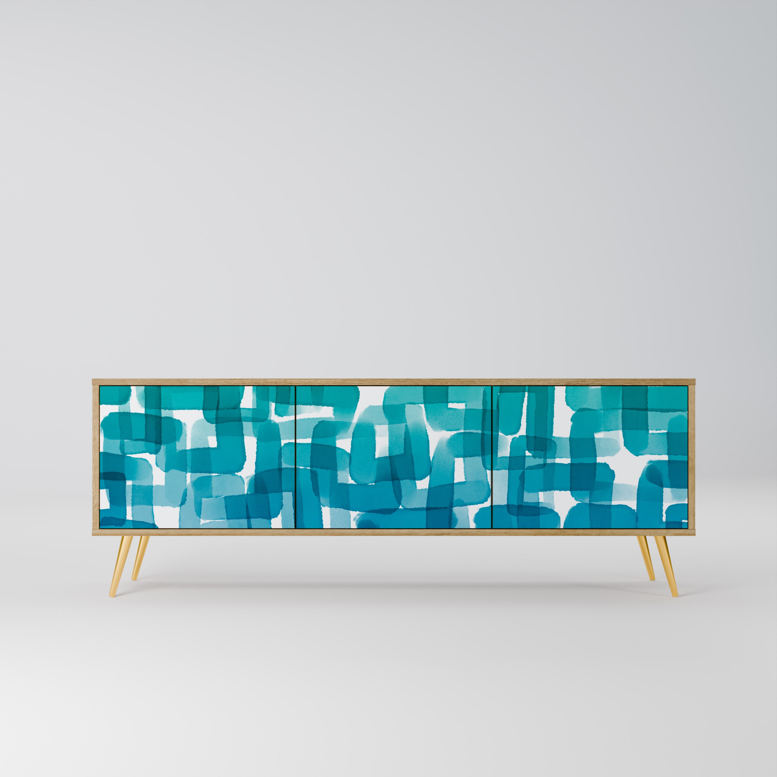 TURQUOISE RECTANGLES 3-Door TV Stand in Oak Effect
