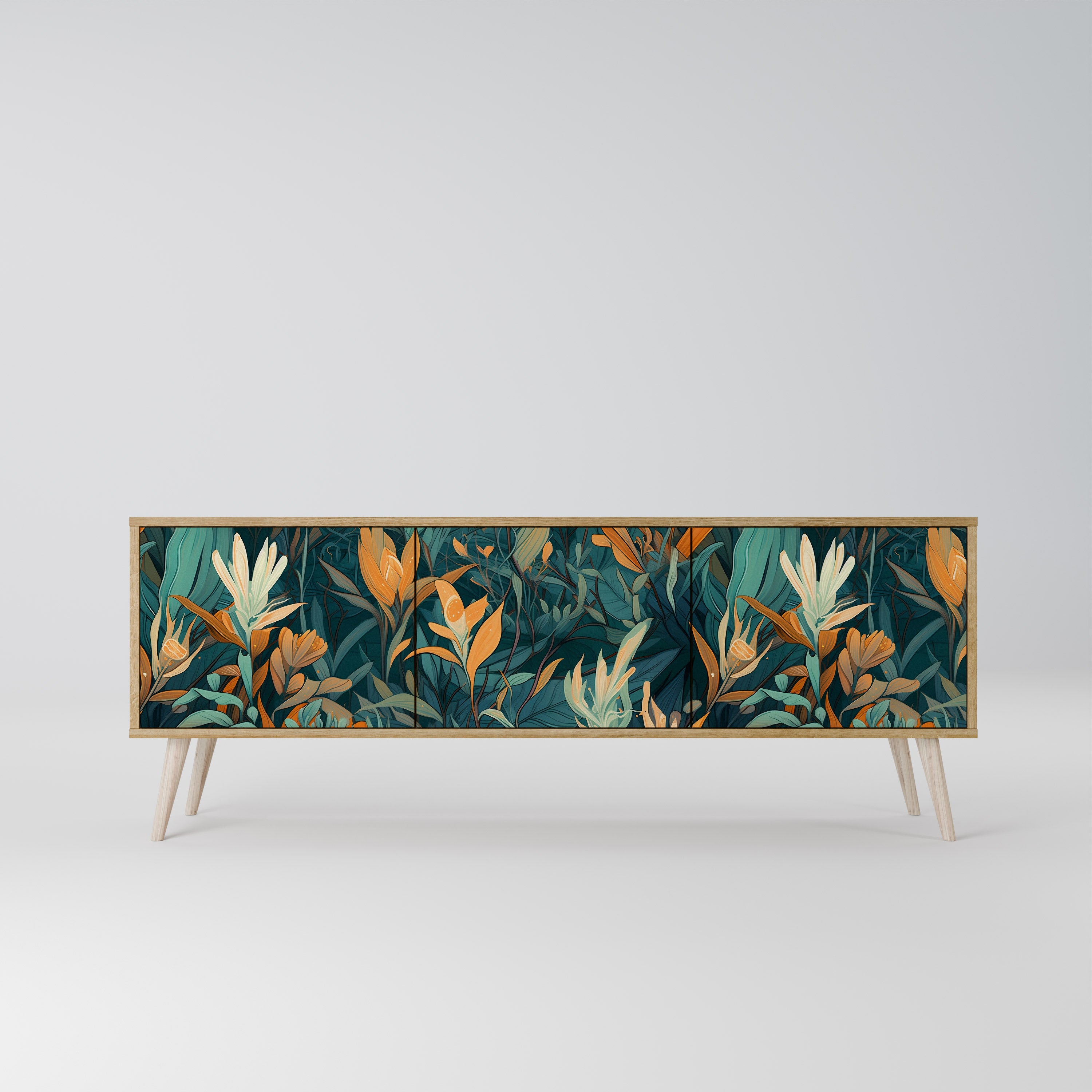 FLORAL SERENITY 3-Door TV Stand in Oak Effect