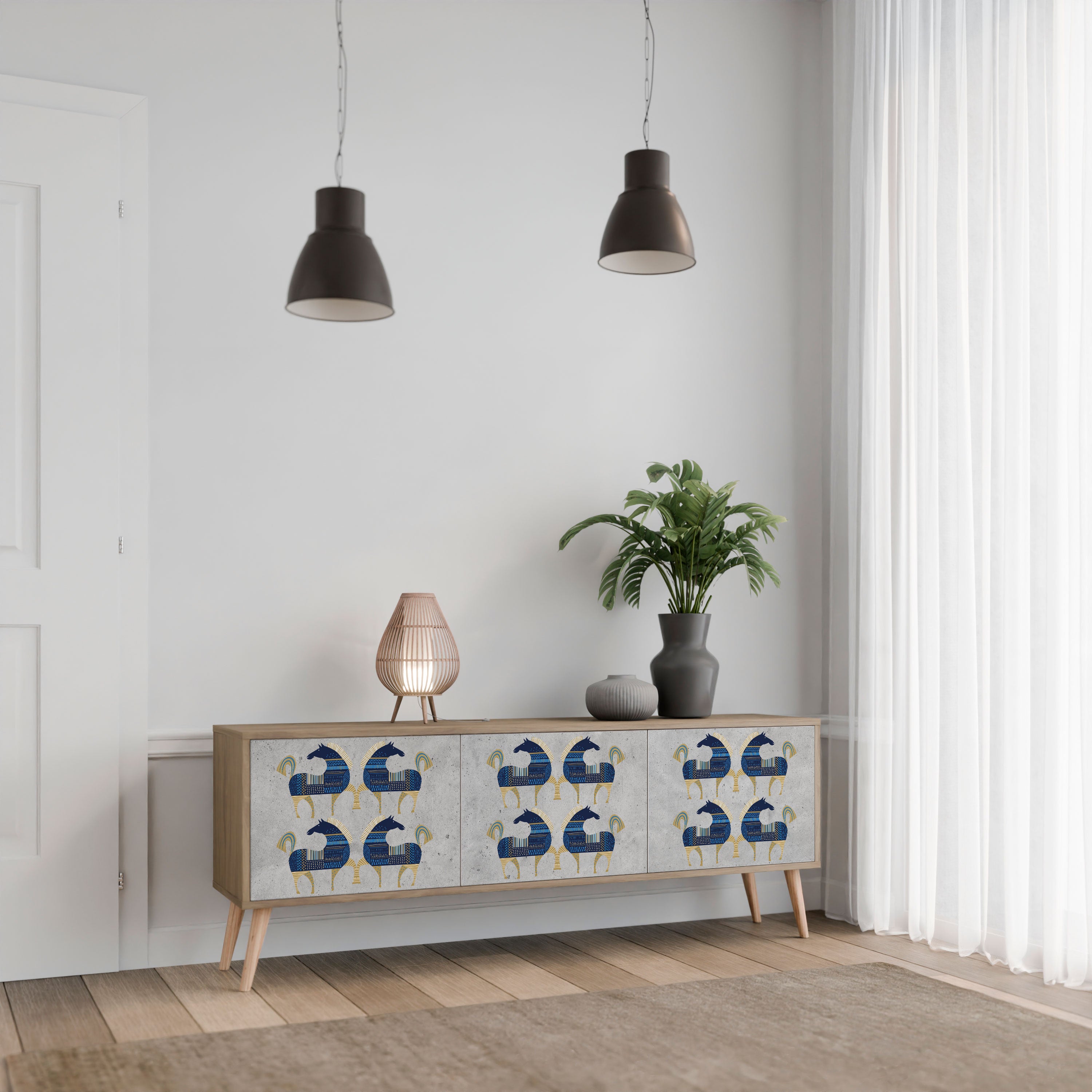 Mueble de TV MAJESTIC STEED de 3 puertas con efecto roble